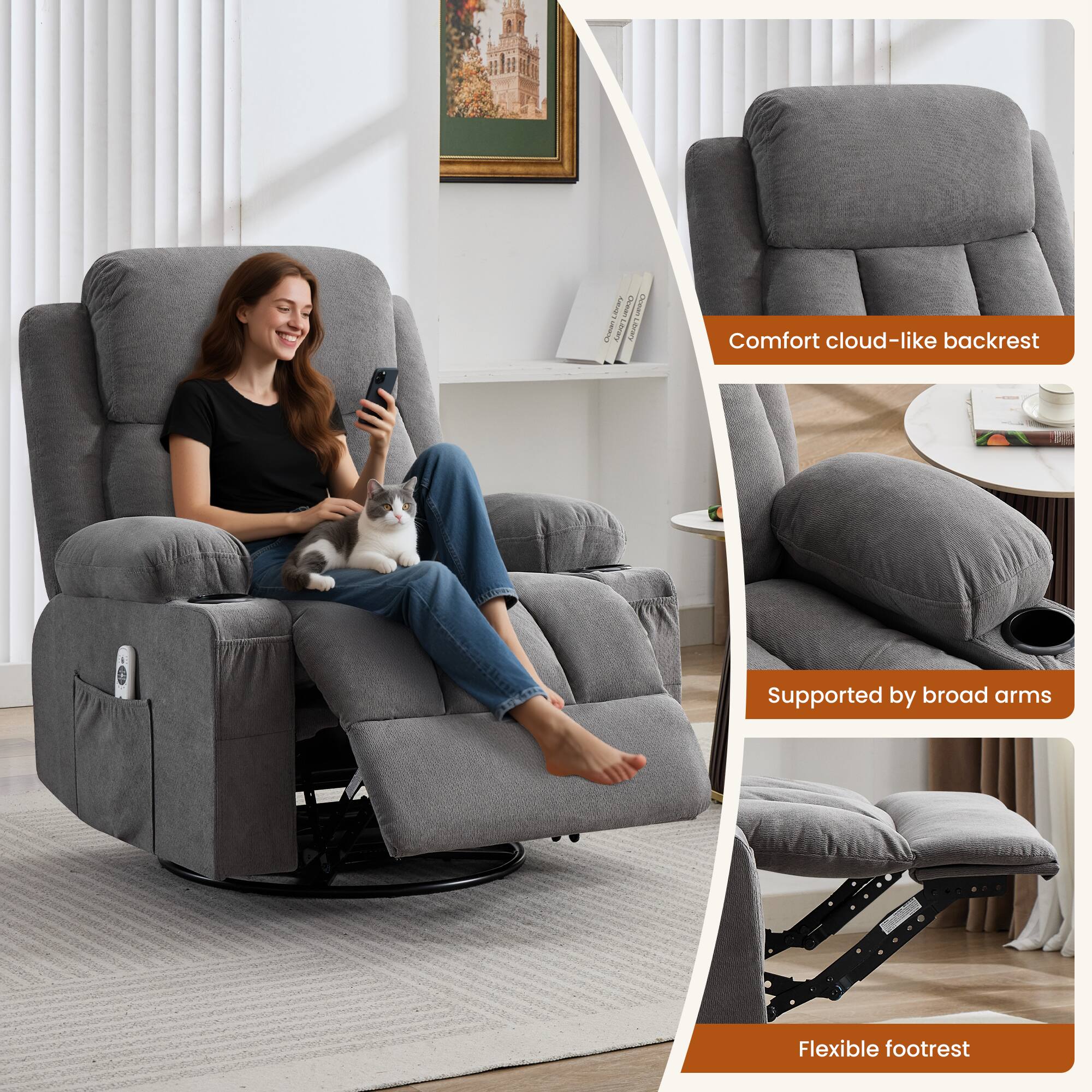 - Comfort cloud-like backrest
- Supported by broad arms
- Flexible footrest