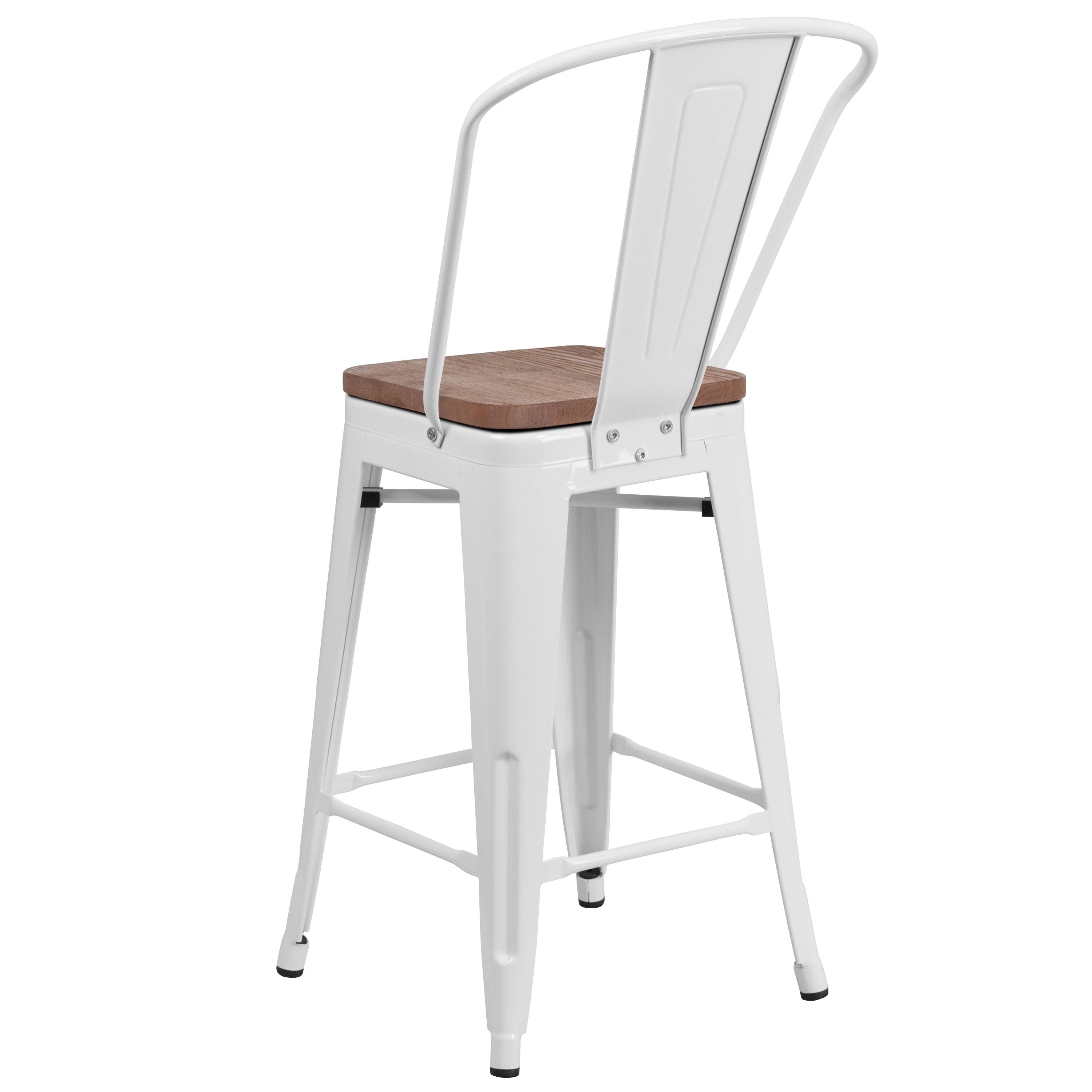 Alt View 5. Emma + Oliver - 24"H Metal Counter Height Stool with Back and Square Wood Seat - White.