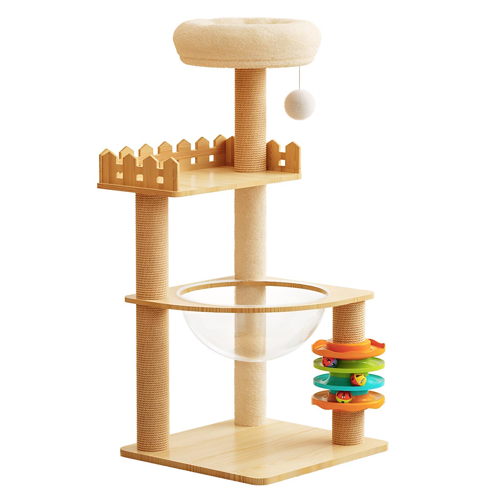 Front. KyyWee - 39.3-Inch Modern Wood Cat Tree Tower with Scratching Posts, Top Perch and Acrylic Hammock.
