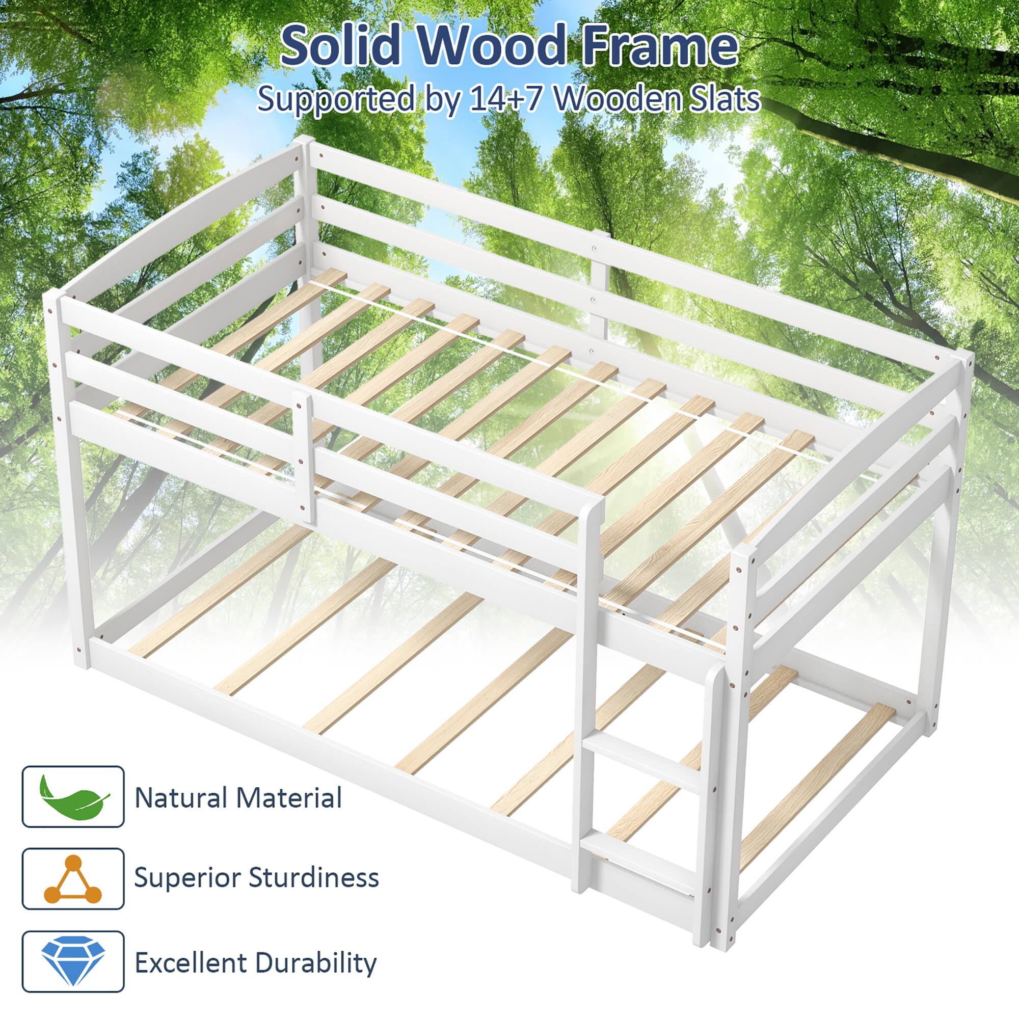 Solid Wood Frame  
Supported by 14+7 Wooden Slats  

Natural Material  
Superior Sturdiness  
Excellent Durability