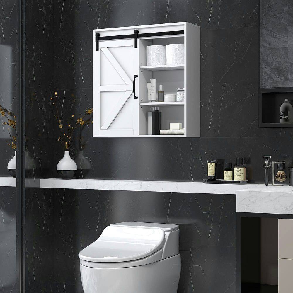 Left. Kadyn - Bathroom Medicine Cabinet, Wall Cabinet with Sliding Door and Adjustable Shelf, 22.75" x 7.75" x 24.5", White - White.