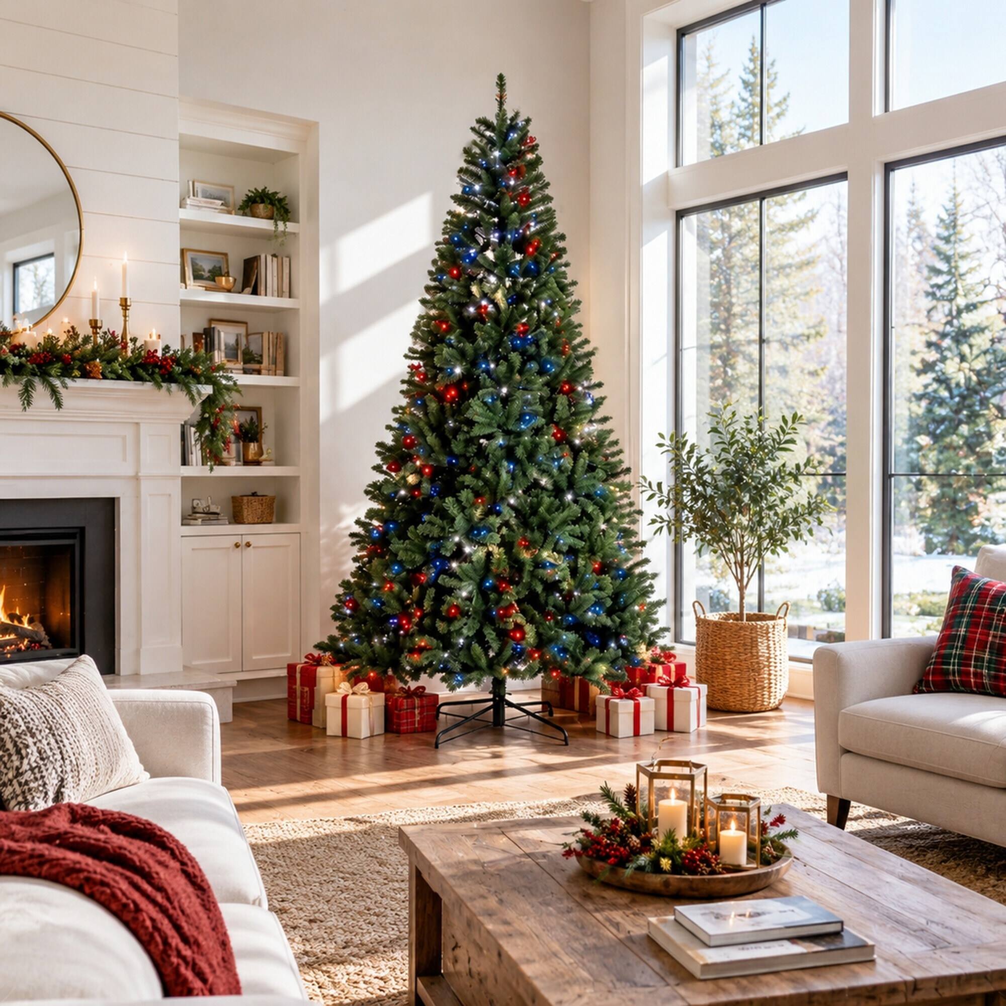 Back. RYHNUYNE - 9FT Pre-Lit Artificial Christmas Tree With RGB Dynamic LED Lights and Remote, Built-In Timer and Hinged Branches - Green.