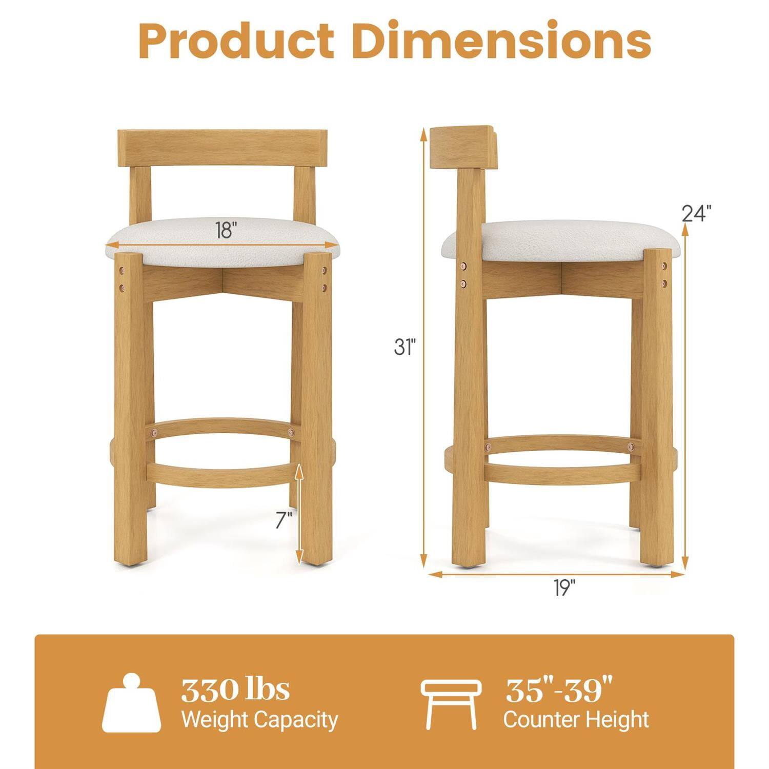 Product Dimensions

- Seat Width: 18"
- Seat Depth: 24"
- Seat Height: 31"
- Overall Height: 35"-39"
- Back Height: 31"
- Leg Width: 19"
- Leg Depth: 7"

Weight Capacity: 330 lbs