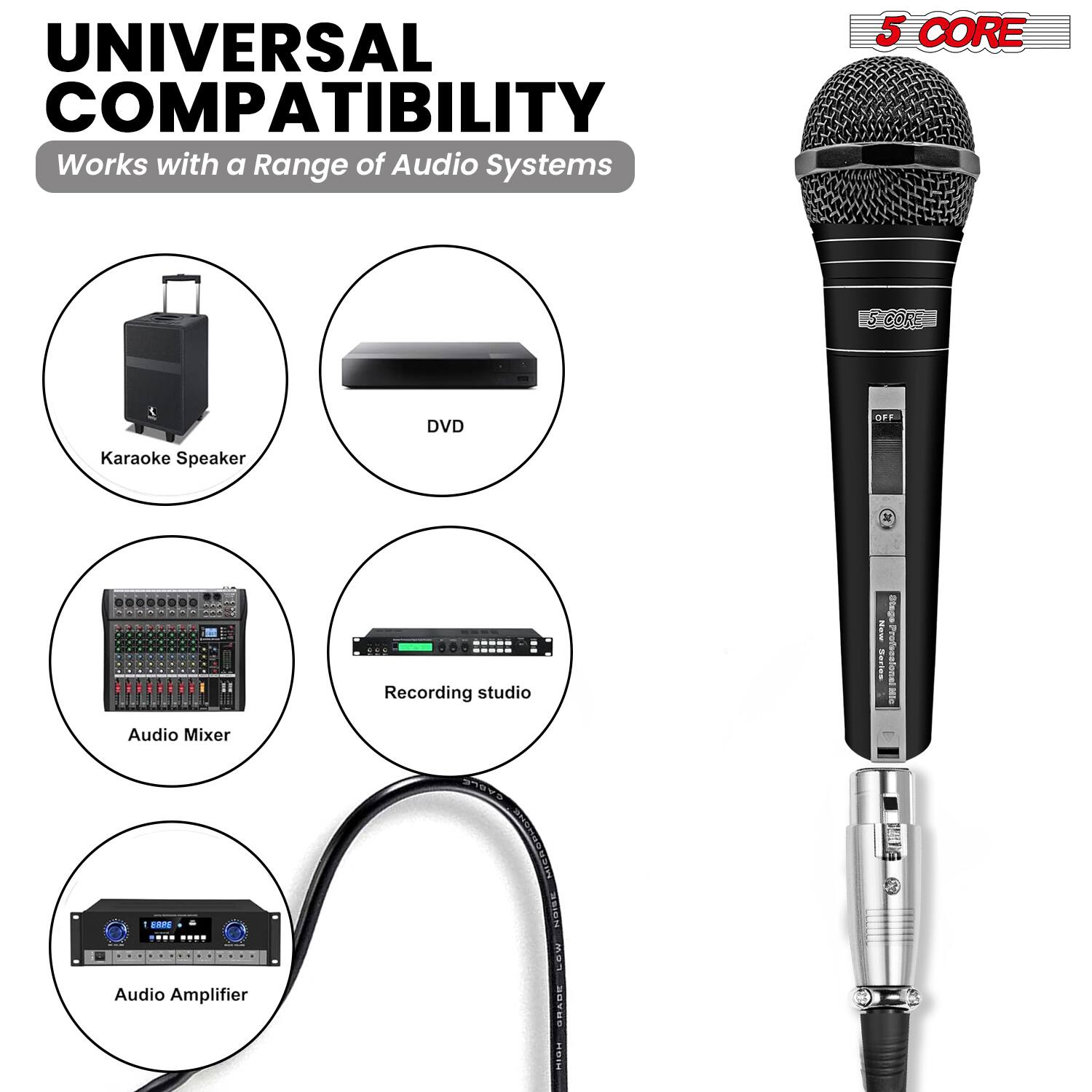 UNIVERSAL COMPATIBILITY  
Works with a Range of Audio Systems

- Karaoke Speaker
- DVD
- Audio Mixer
- Recording studio
- Audio Amplifier

5 CORE
