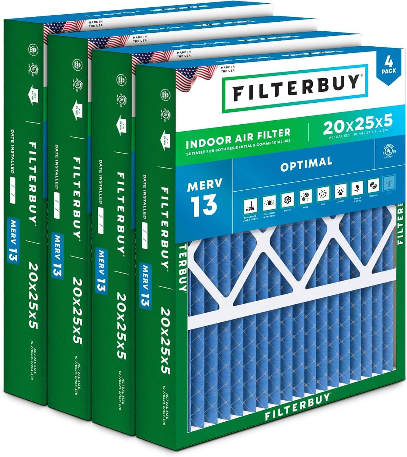 Filterbuy - 20x25x5 MERV 13 Smoke & Allergy Defense, Pleated HVAC AC Furnace Air Filters Replacement for Honeywell & Lennox (4-Pack) - Blue price history on PriceWatchPro