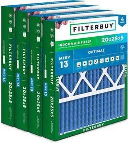 Filterbuy - 20x25x5 MERV 13 Smoke & Allergy Defense, Pleated HVAC AC Furnace Air Filters Replacement for Honeywell & Lennox (4-Pack) - Blue