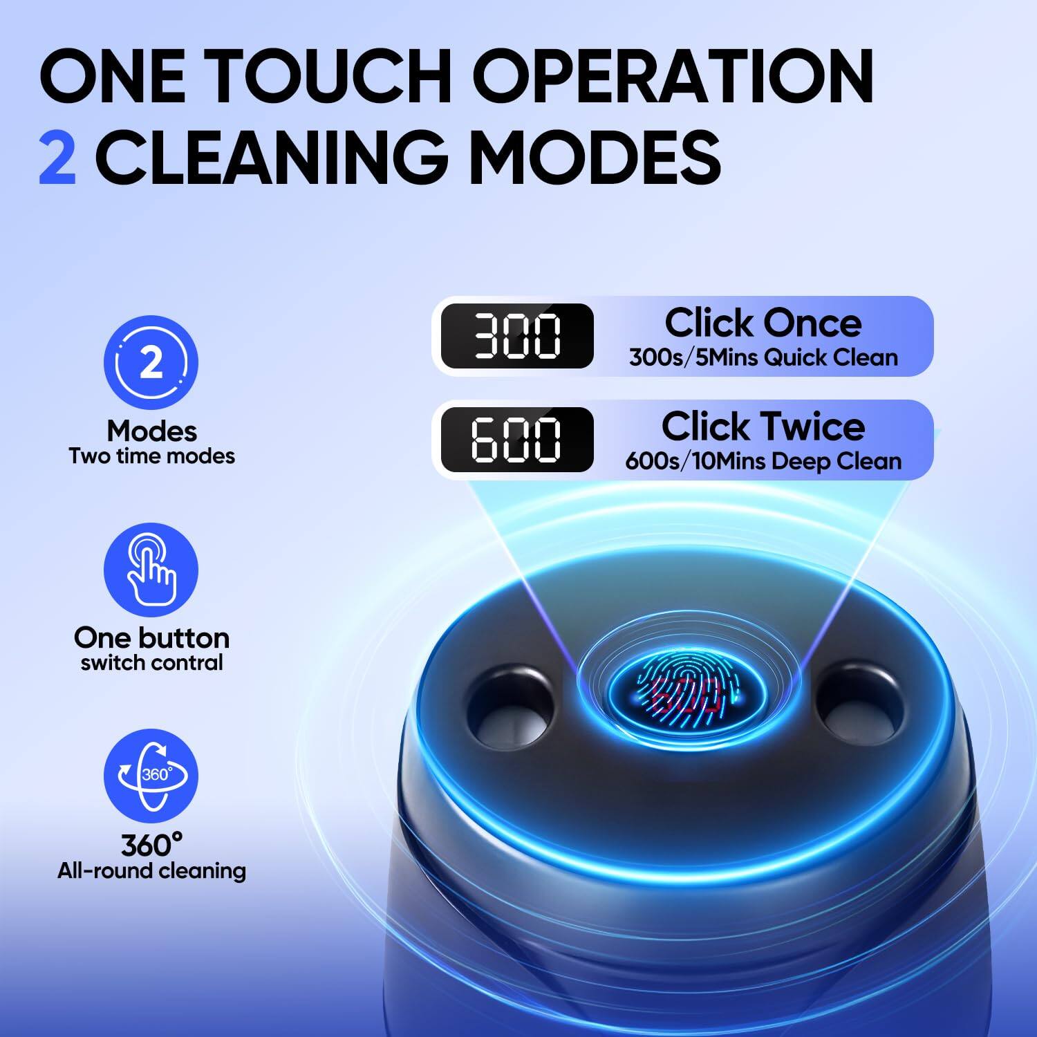 ONE TOUCH OPERATION  
2 CLEANING MODES  

2 Modes  
Two time modes  
300s/5Mins Quick Clean  
Click Once  
600s/10Mins Deep Clean  
Click Twice  

One button switch control  

360°  
All-round cleaning