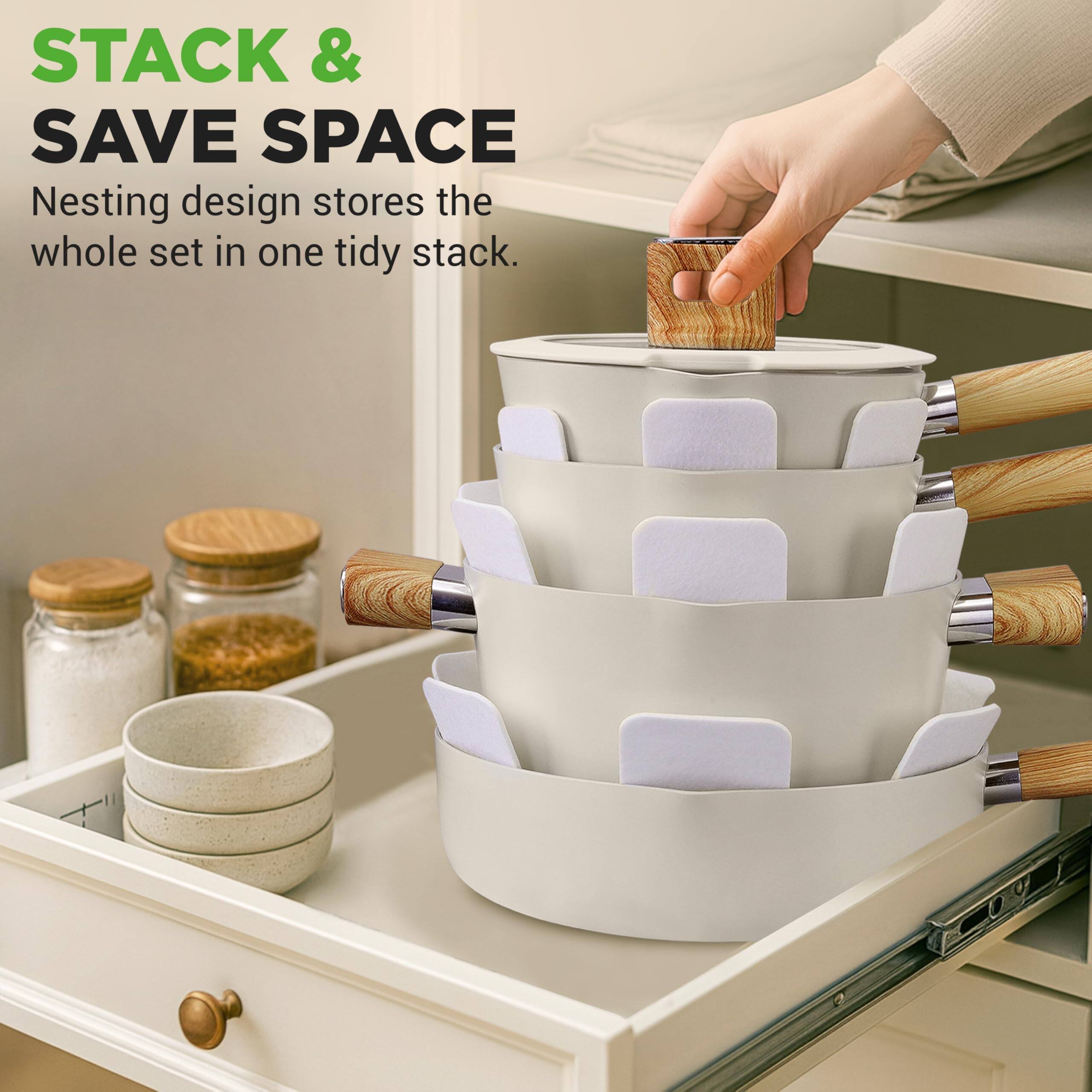STACK & SAVE SPACE  
Nesting design stores the whole set in one tidy stack.