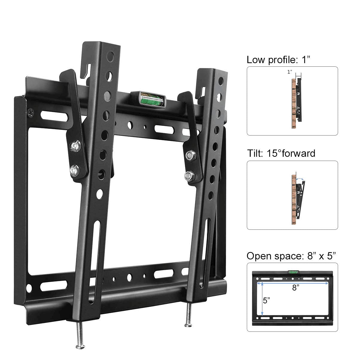 Low profile: 1"  
Tilt: 15° forward  
Open space: 8" x 5"