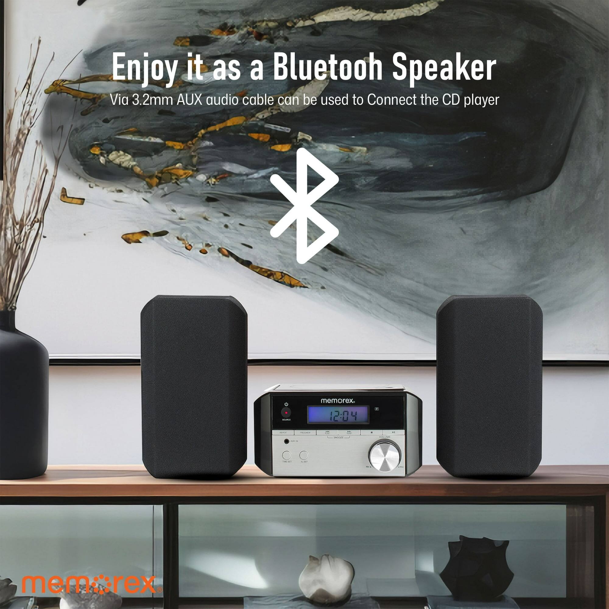 Enjoy it as a Bluetooth Speaker  
Via 3.2mm AUX audio cable can be used to Connect the CD player  
memorex  
12:04