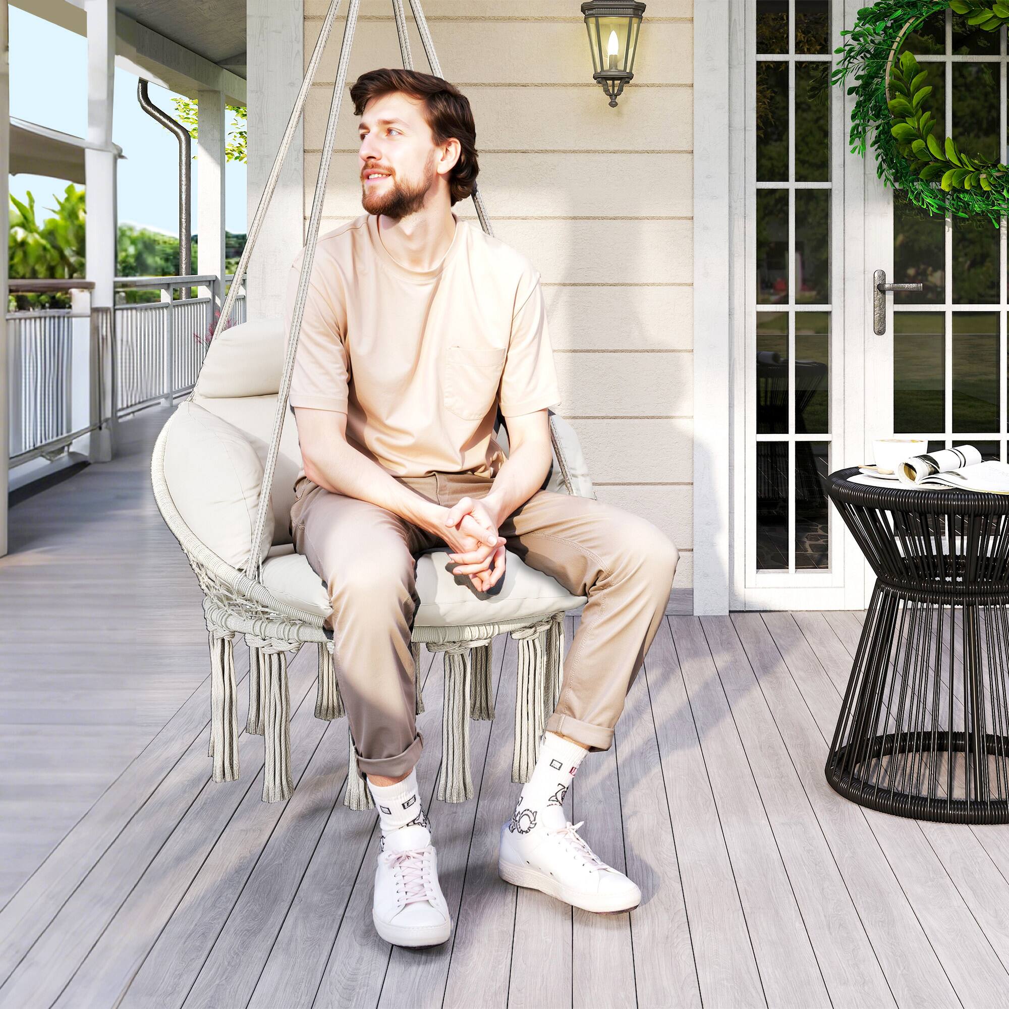 Alt View 7. Outsunny - Swing Chair, Macrame Hanging Chair with Large Cushion, Chain, Steel Frame for Indoor Outdoor Use - Cream White.