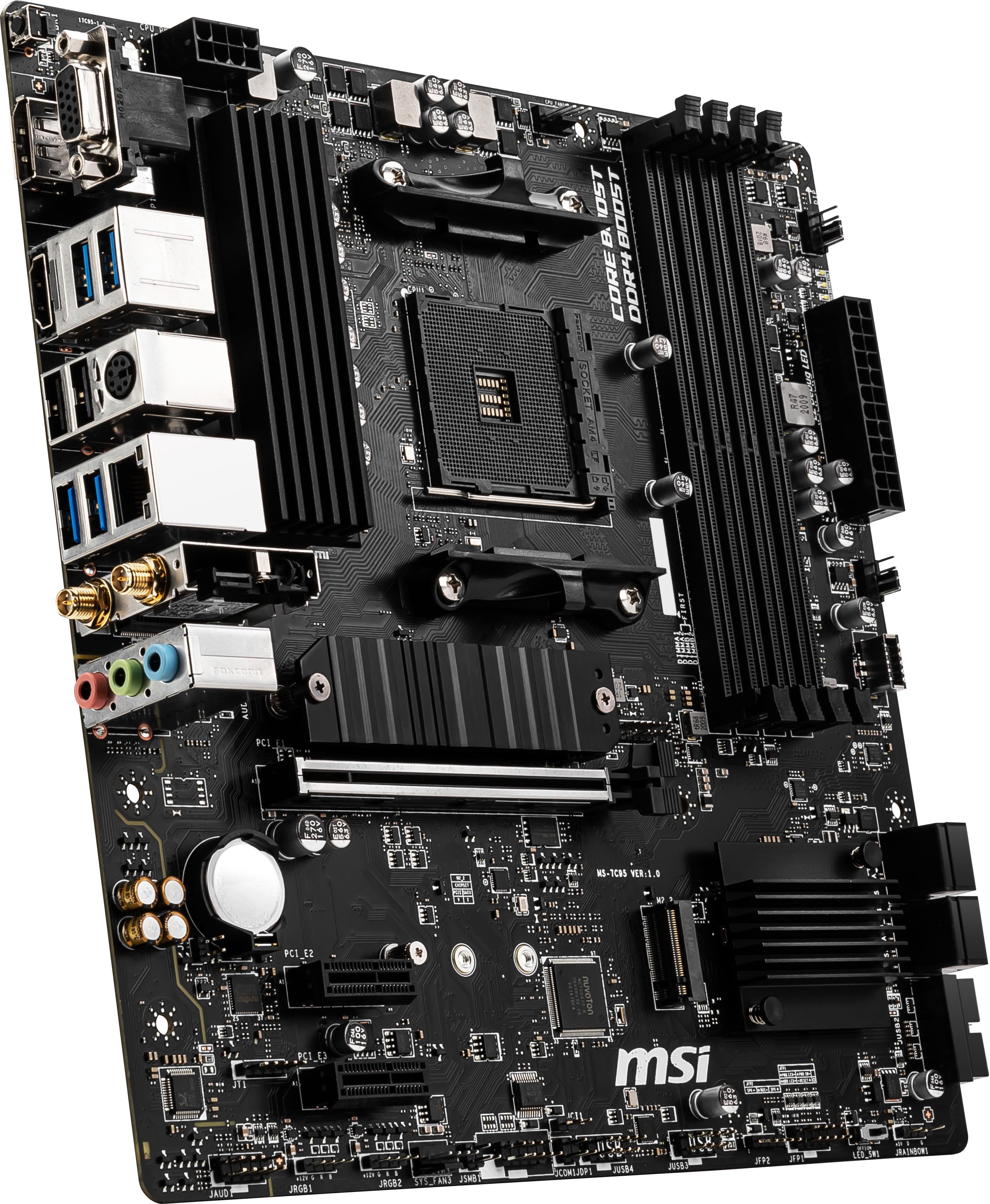 The text on the image reads:
"MSI B85M ECO 1155 VRM 1.0 PCIe 3.0 x16 DDR4 BOOST CORE B. CORE B. DDR4 2400 MHz (OC) 1 DIMM 1155 1 PCIe 3.0 x16 1 PCIe 2.0 x1 1 SATA 6Gb/s 1 SATA 3Gb/s 1 USB 3.0 1 USB 2.0 1 HDMI 1 DVI 1 LAN 1 COM 1 RGB LED."
This text describes the features and specifications of the MSI B85M ECO motherboard.