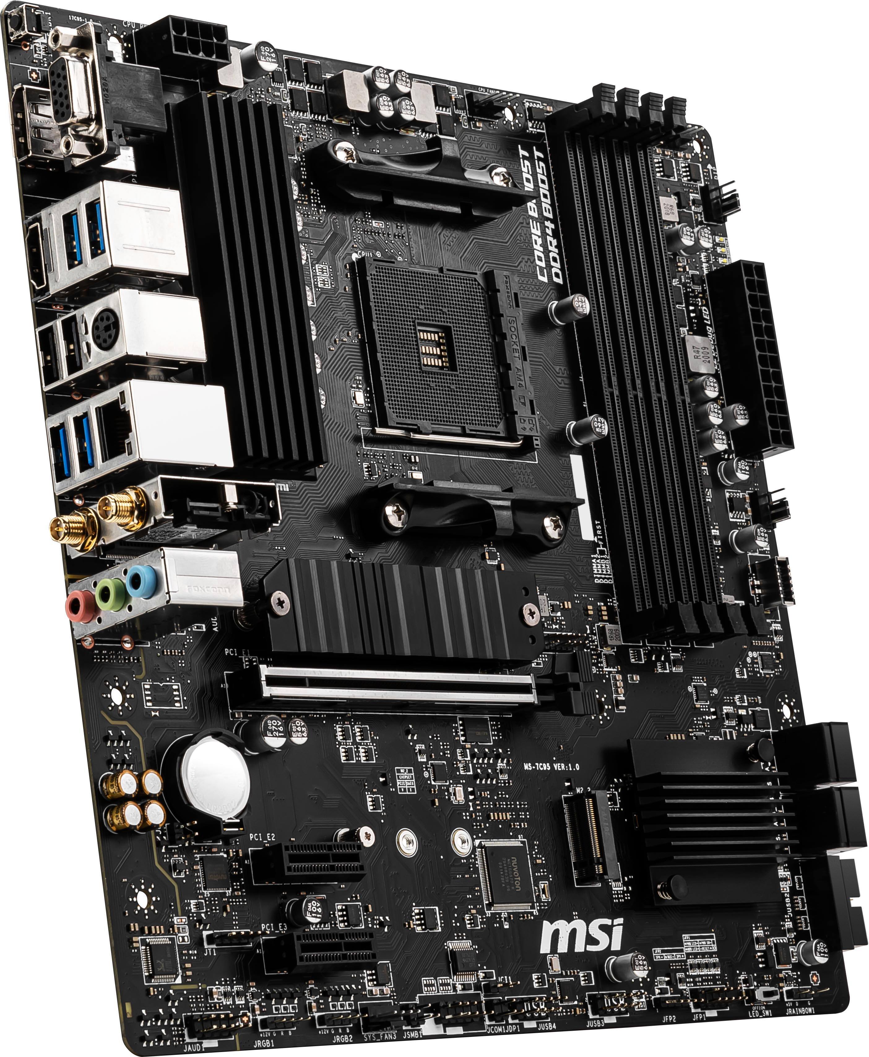 The text on the image reads:

"MSI B85M ECO 1155 VRM 1.0 PCIe 3.0 x16 DDR4 BOOST CORE B. CORE B. DDR4 2400 MHz (OC) 1 DIMM 1155 1 PCIe 3.0 x16 1 PCIe 2.0 x1 1 SATA 6Gb/s 1 SATA 3Gb/s 1 USB 3.0 1 USB 2.0 1 HDMI 1 DVI 1 LAN 1 COM 1 RGB LED."

This text describes the features and specifications of the MSI B85M ECO motherboard.