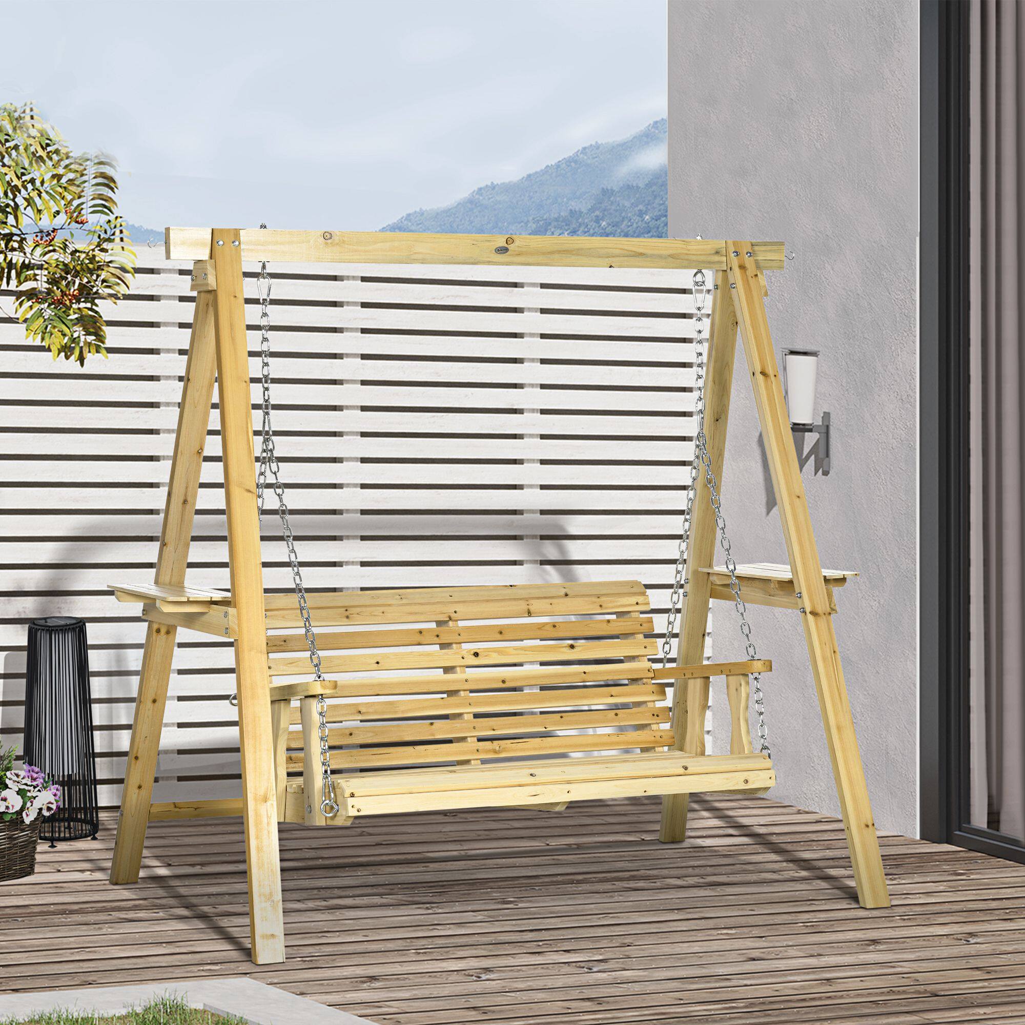 Alt View 1. Outsunny - 2-Seat Patio Swing Chair - Natural wood finish.
