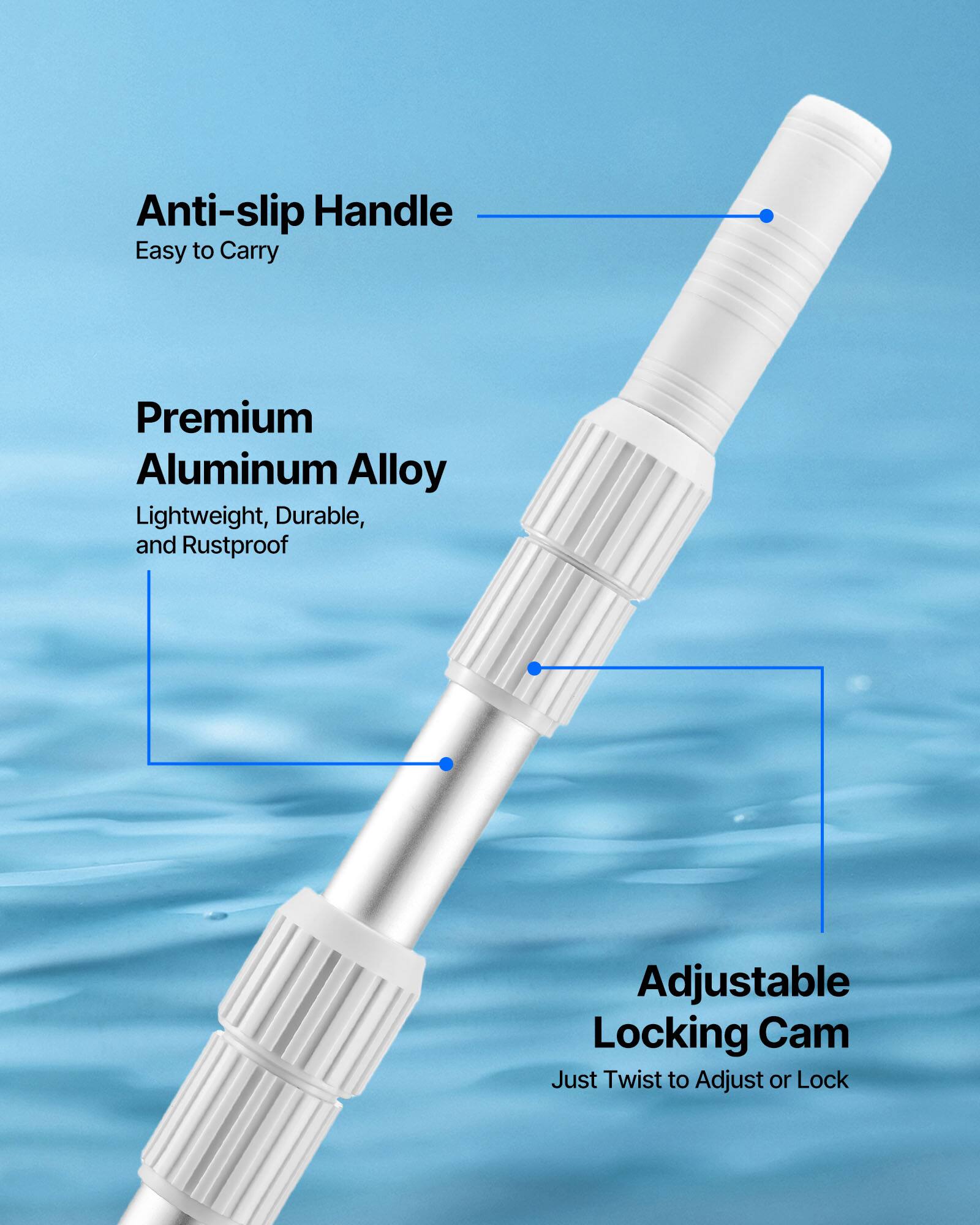 Anti-slip Handle  
Easy to Carry  

Premium Aluminum Alloy  
Lightweight, Durable, and Rustproof  

Adjustable Locking Cam  
Just Twist to Adjust or Lock