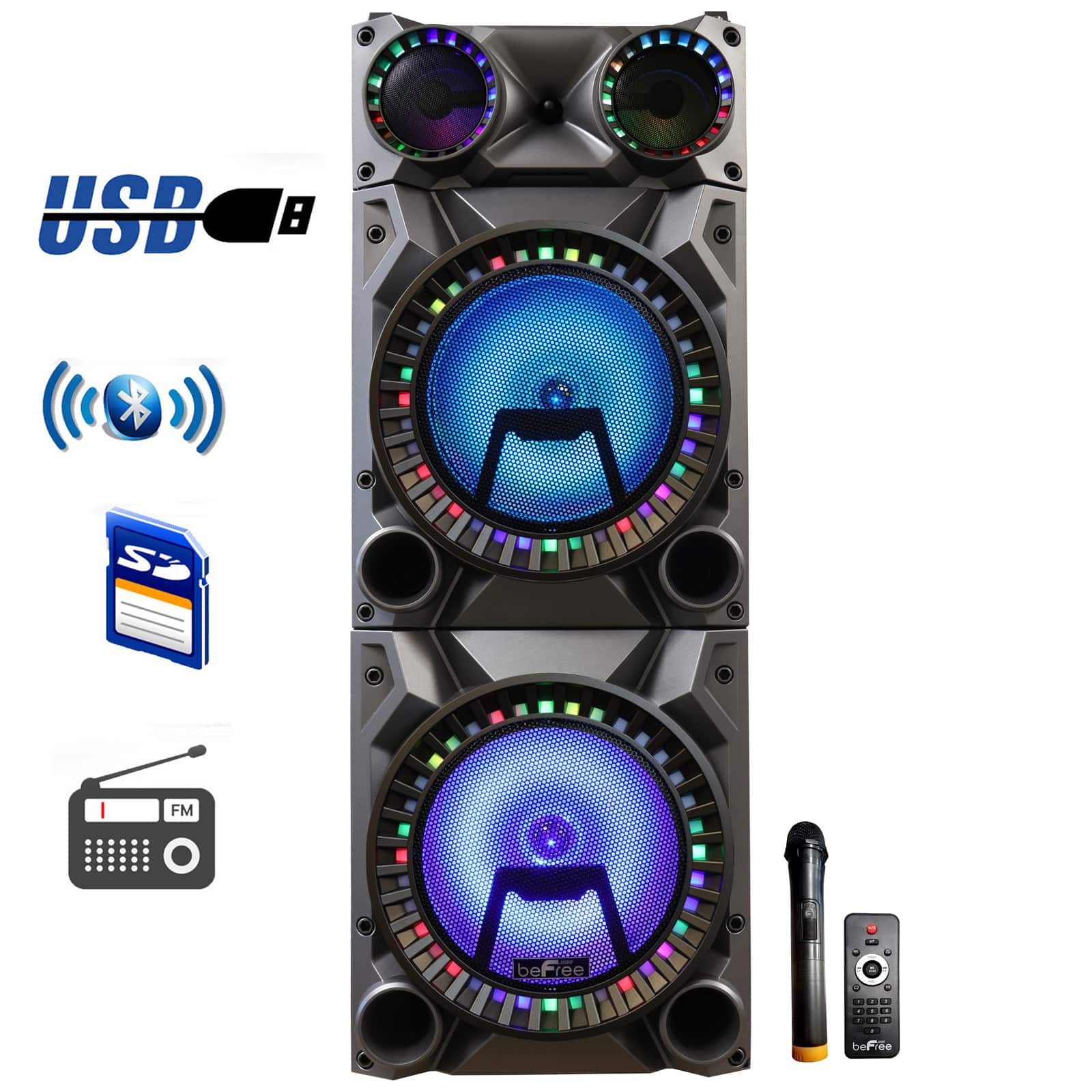 beFree Sound - Rechargeable Bluetooth 12inch Double Subwoofer Portable Party Speaker with Dual Layer Reactive Party Lights - Black