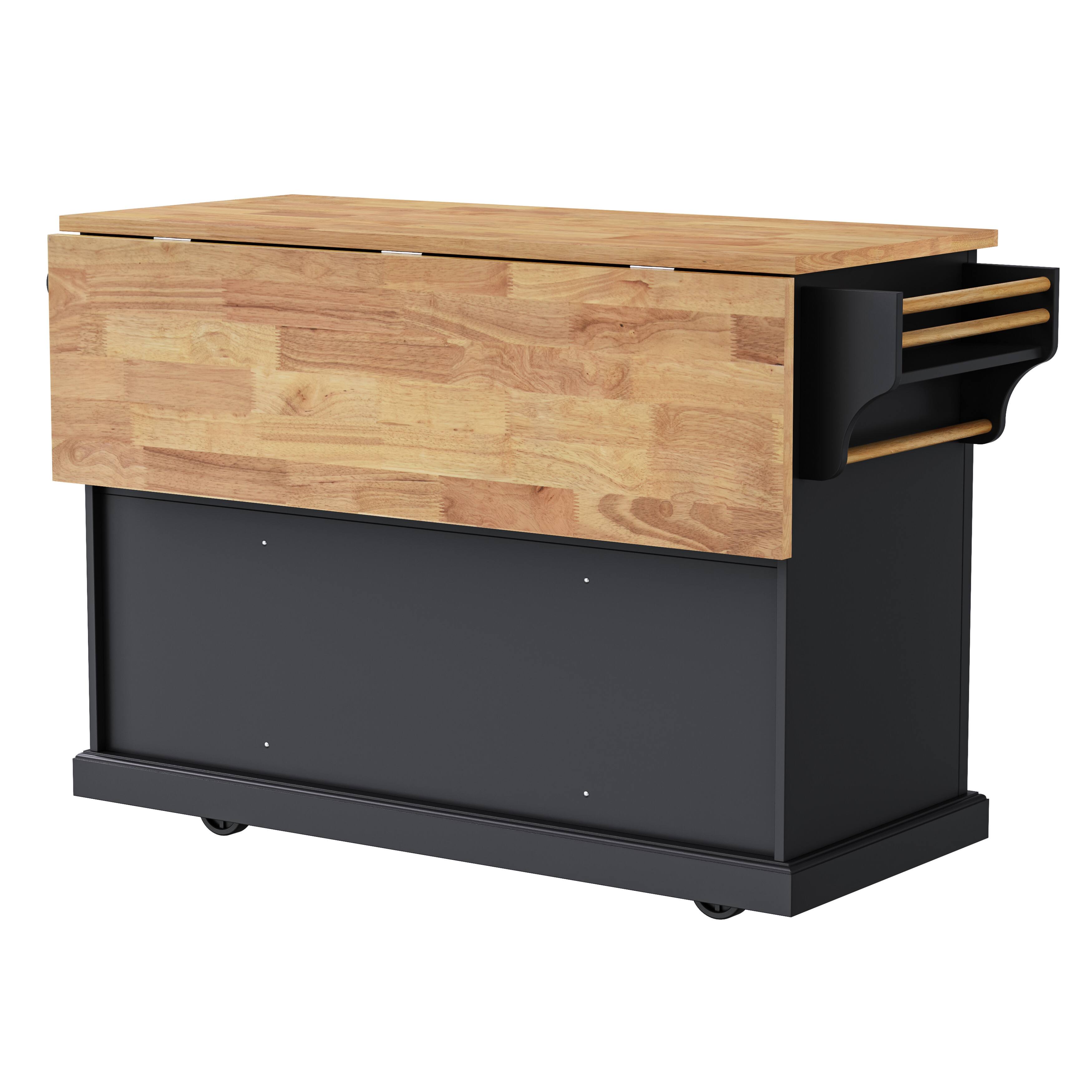 Alt View 6. Forest'nSky - 54" Large Rolling Kitchen Island with Rubber Wood Drop Leaf, Embossed Texture, 4 Doors, and 3 Drawers, Black - Black.