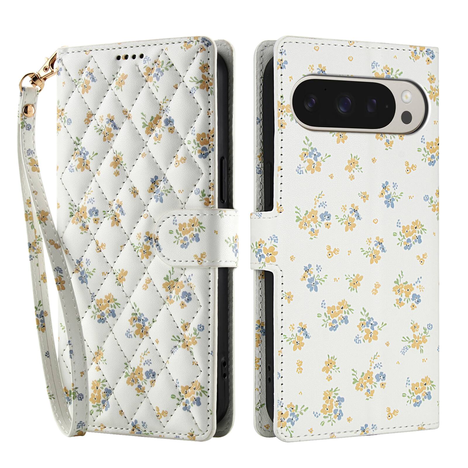 Angle. Dteck - Floral Wallet Case for Google Pixel 10 Pro XL with Wrist Strap, Premium PU Leather Shockproof Protective Flip Cover - D.