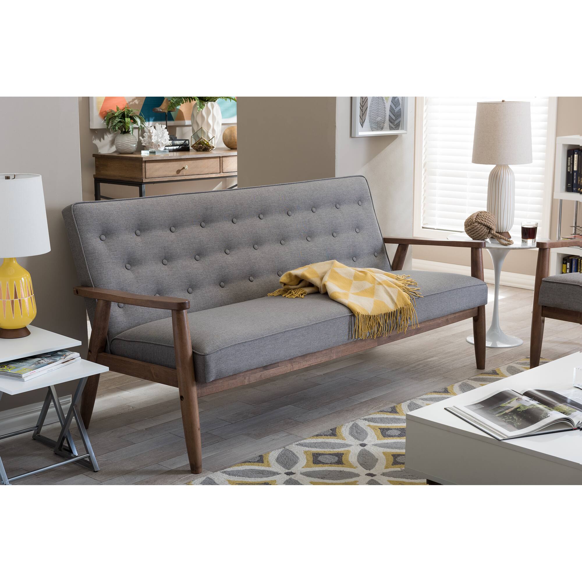 Alt View 1. Baxton Studio - Sorrento Mid-century Retro Modern Fabric Upholstered Wooden 3-seater Sofa - Grey.