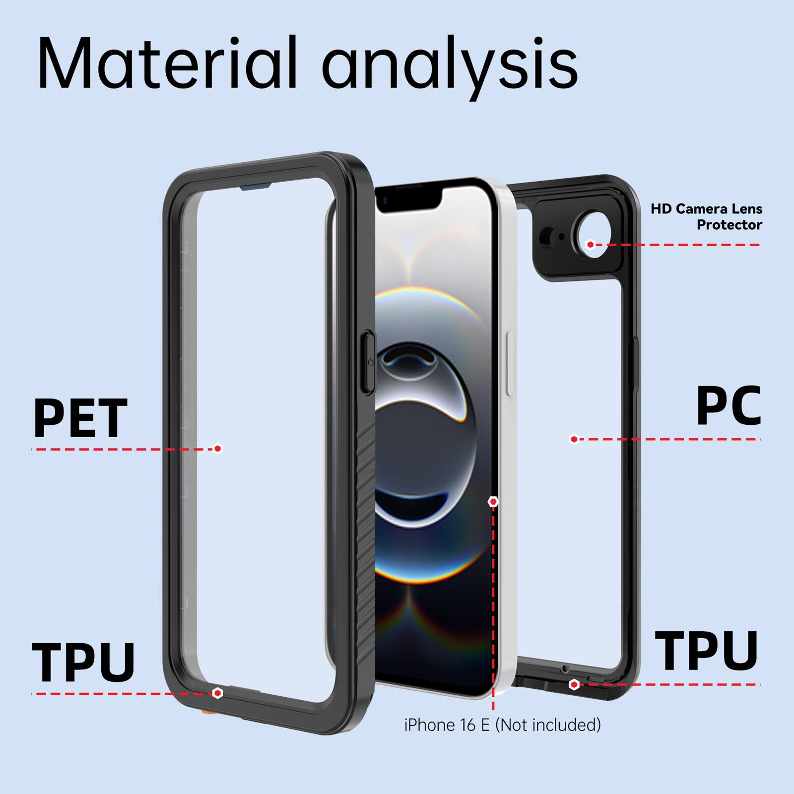 Material analysis  
HD Camera Lens Protector  
PET  
PC  
TPU  
TPU  
iPhone 16 E (Not included)