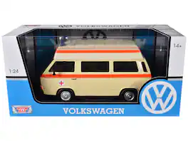 Volkswagen Type 2 (T3) High Roof Ambulance Cream with Orange Stripes 1/24 Diecast Model Car by Motormax - Cream And Orange
