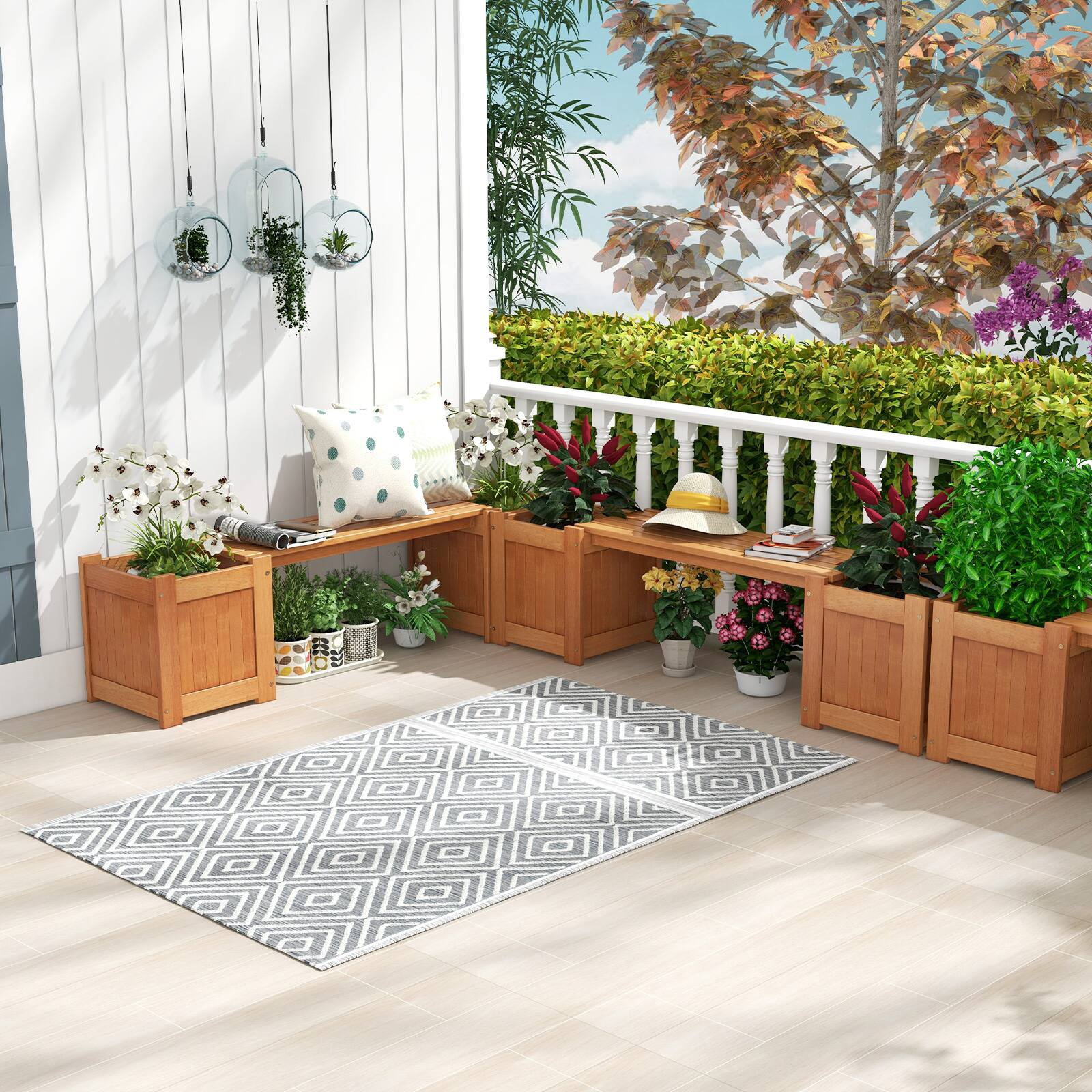 SlickBlue - Wood Planter Box with Bench for Garden Yard Balcony - Multi