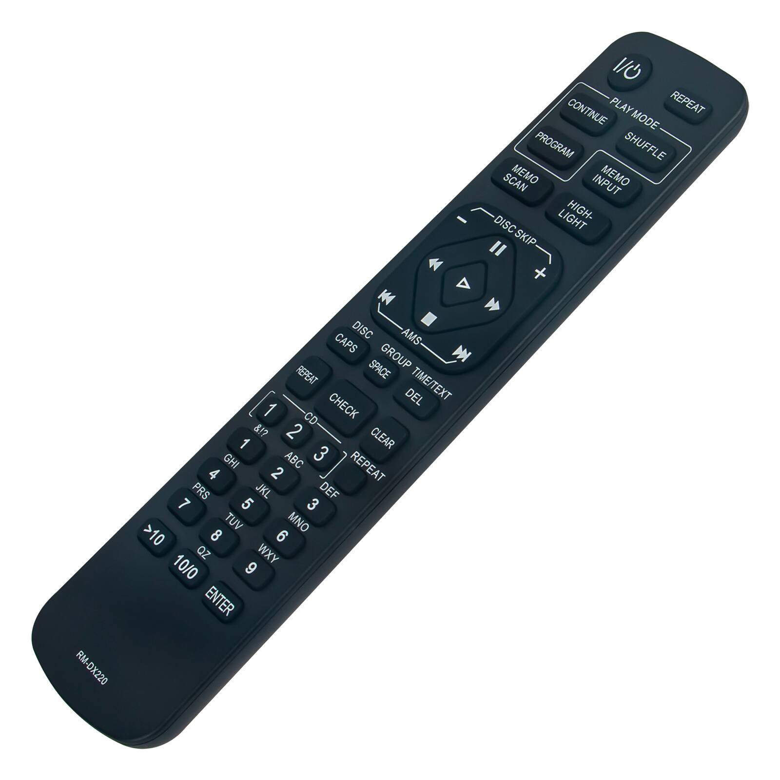 1/0 CONTINUE PLAY REPEAT MODE PROGRAM SHUFFLE SCAN MEMO INPUT MEMO LIGHT HIGH- DISC SKIP I + RM-DX220 DISC AMS CAPS M SPACE GROUP REPEAT TIME/TEXT CHECK DEL 1 CD &!? 2 CLEAR 1 GHI ABC 3 4 2 REPEAT PRS JKL DEF 7 5 3 TUV MNO >10 8 6 oZ WXY 10/0 9 ENTER