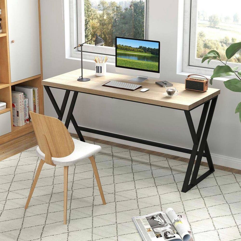Left. Kadyn - 59-Inch Computer Desk - Heavy-Duty Metal Frame & Crossbar, Gray + Maple + Black - Gray.