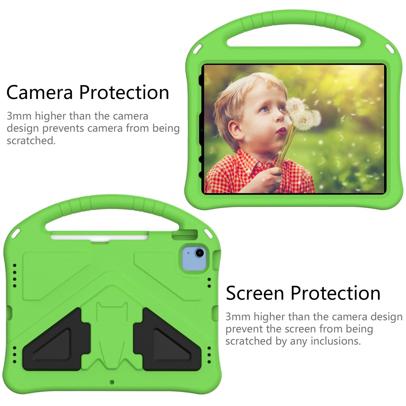 Camera Protection  
3mm higher than the camera design prevents camera from being scratched.  

Screen Protection  
3mm higher than the camera design prevent the screen from being scratched by any inclusions.