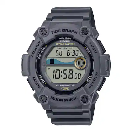 TIDE GRAPH
WR 100M
CASIO
10YEAR BATTERY
SNZ ALM SIG
LIGHT
SEARCH
ILLUMINATOR
MOON PHASE
ADJUST
TIDE~MOON
50
6-30
10:58
50
MODE
SELECT
P
R