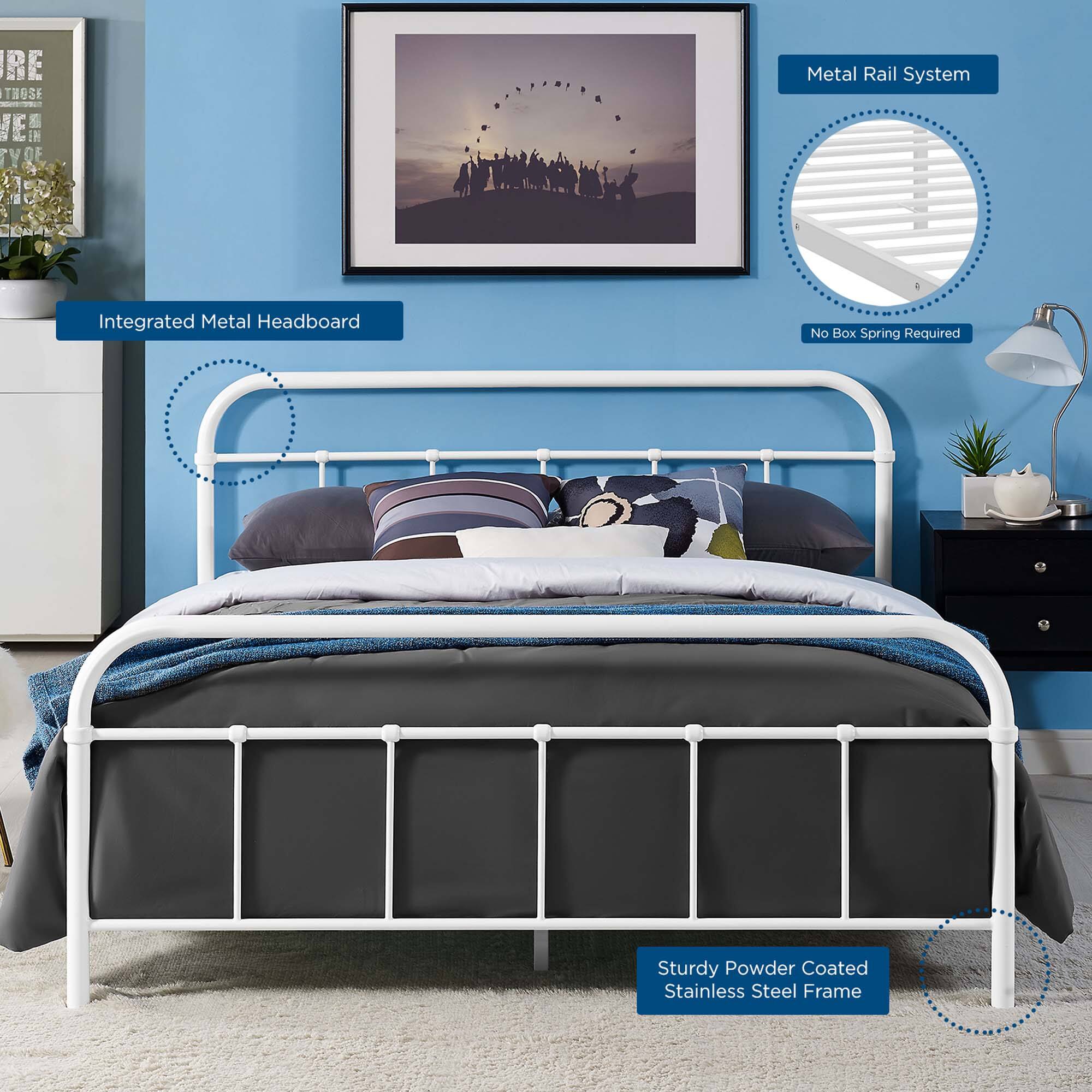 - Integrated Metal Headboard
- Metal Rail System
- No Box Spring Required
- Sturdy Powder Coated Stainless Steel Frame