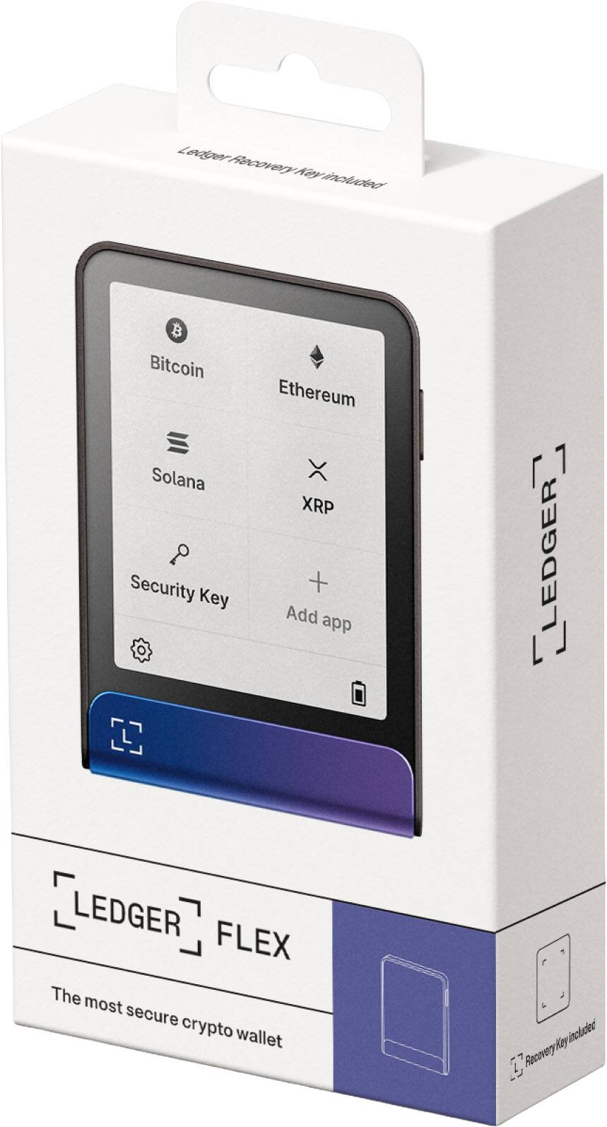 Ledger Flex  
Recovery Key included  

Bitcoin  
Ethereum  
Solana  
XRP  
Security Key  
Add app  

The most secure crypto wallet
