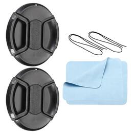 Unique Bargains - 2pcs 82mm Center Pinch Lens Cap with String/Cleaning Cloth for Nikon/Fuji/Pentax/Leica - Black