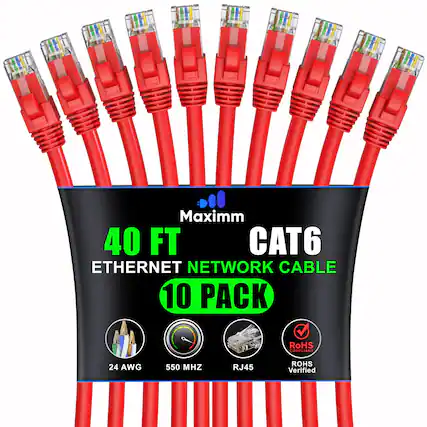 Maximm 40 FT CAT6 ETHERNET NETWORK CABLE 10 PACK RoHS COMPLIANT 24 AWG 550 MHZ RJ45 ROHS Verified