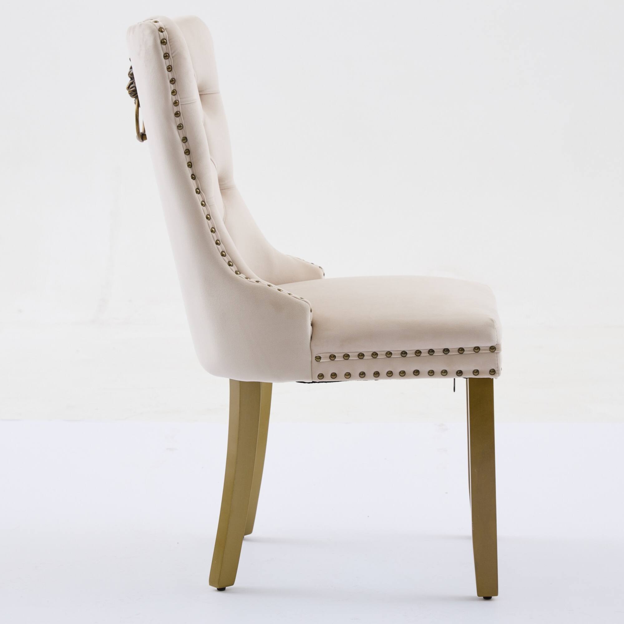 Alt View 1. GOODSILO - Modern Tufted Velvet Dining Chairs with Lion Head Pull Rings and Golden Wooden Legs, Set of 2 - Beige.