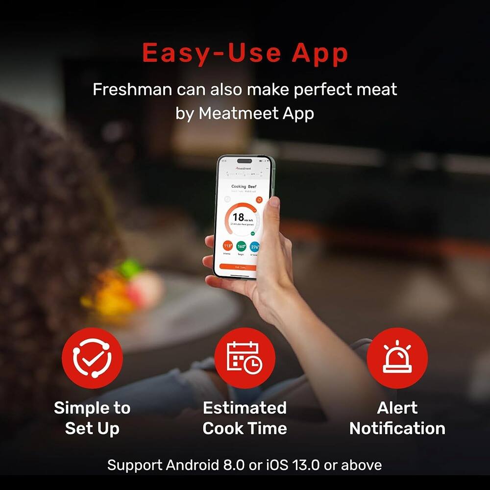 Easy-Use App  
Freshman can also make perfect meat by Meatmeet App  

Simple to Set Up  
Estimated Cook Time  
Alert Notification  

Support Android 8.0 or iOS 13.0 or above