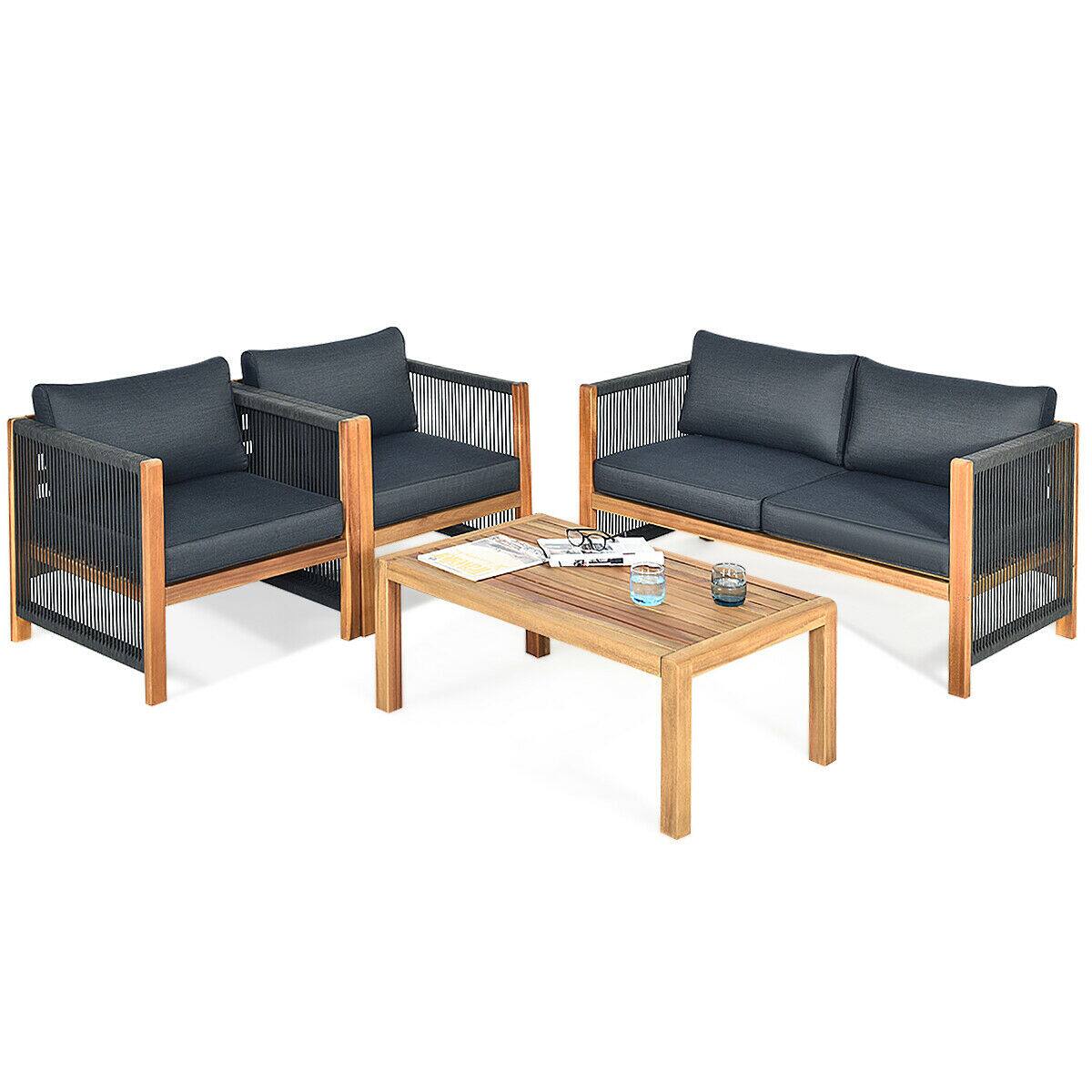 Alt View 1. Gymax - Gymax 4PCS Acacia Wood Outdoor Patio Furniture Set Cushioned Sofa W/Nylon Rope Armrest - teak and grey.