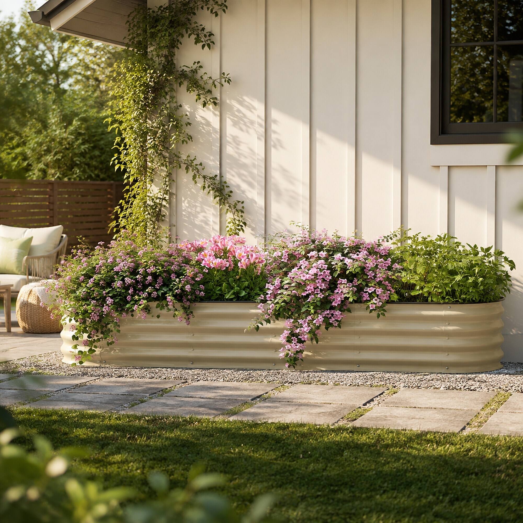 Left. RYHNUYNE - Galvanized Raised Garden Bed Kit 7.9' x 2' x 1' Metal Planter Box with Safety Edging for Vegetables Flowers Herbs - White.