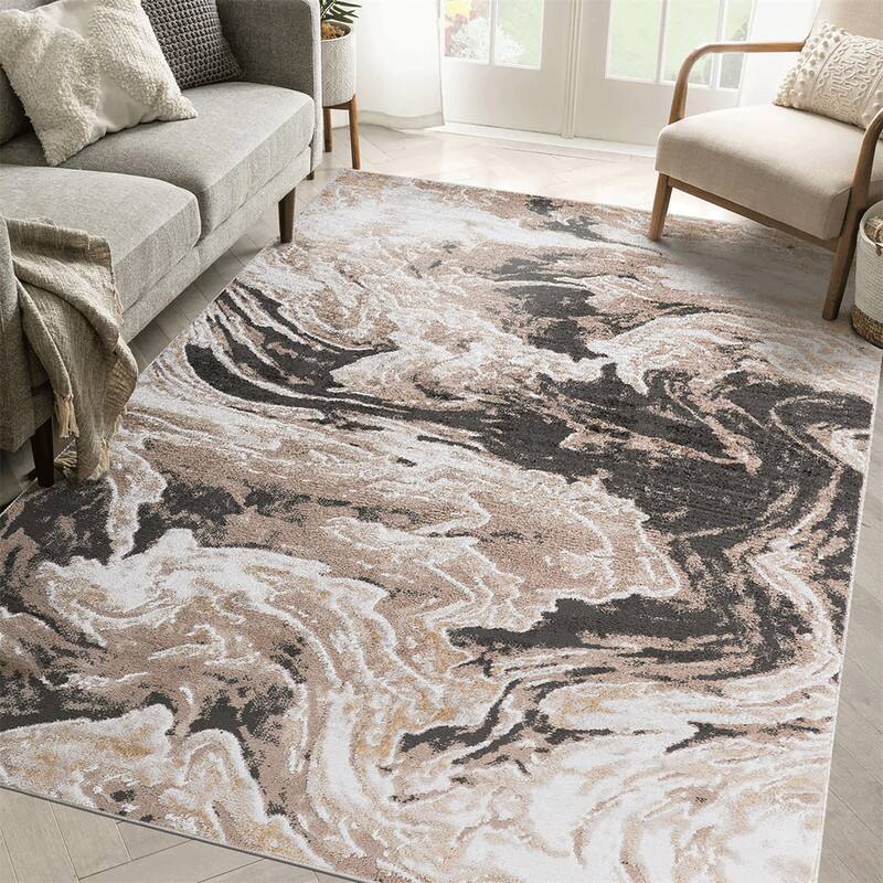 Angle. HTUTWOO - 8x10 Abstract Area Rug - Power-Loomed, Stain Resistant, Non-Shedding, Kid & Pet Friendly, Cotton Backing, Living Room - Light Brown.