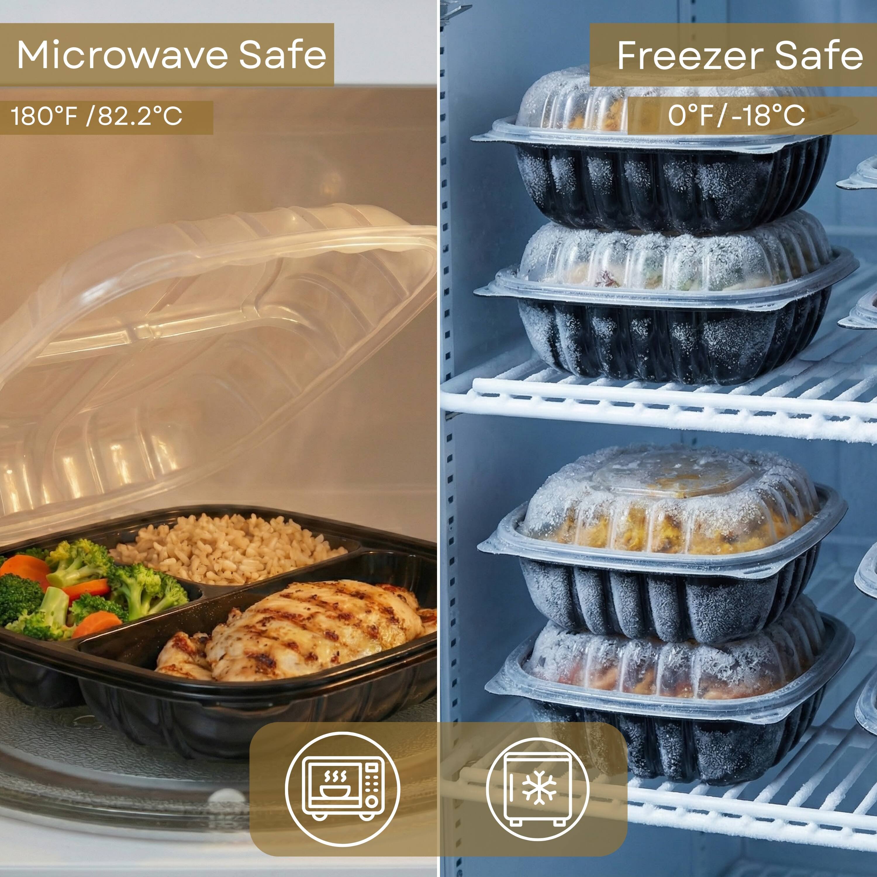 Microwave Safe  
180°F / 82.2°C  

Freezer Safe  
0°F / -18°C