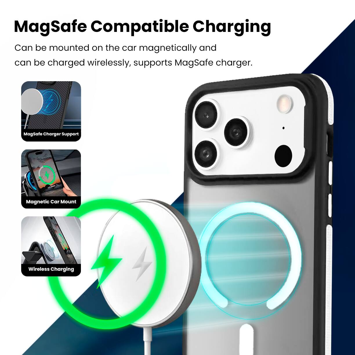 MagSafe Compatible Charging

Can be mounted on the car magnetically and can be charged wirelessly, supports MagSafe charger.

- MagSafe Charger Support
- Magnetic Car Mount
- Wireless Charging
