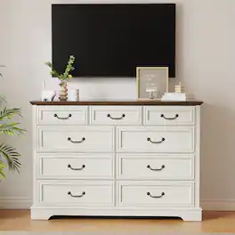 Dyonery - 9 Drawer Farmhouse Dresser, Rustic Chest of Drawers with Ample Storage, Solid Wood Look & Metal Handles - White
