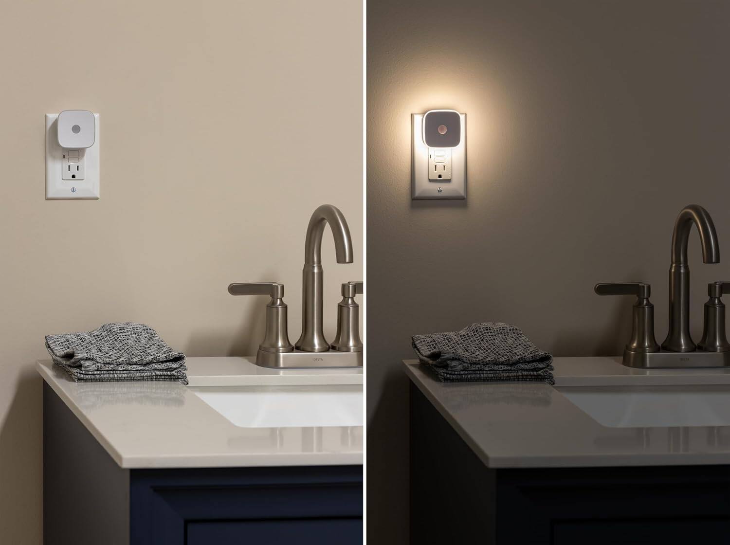 Left. RTMB - LED Plug-In Night Light, Motion & Dusk-to-Dawn Sensor, 2-Pack.