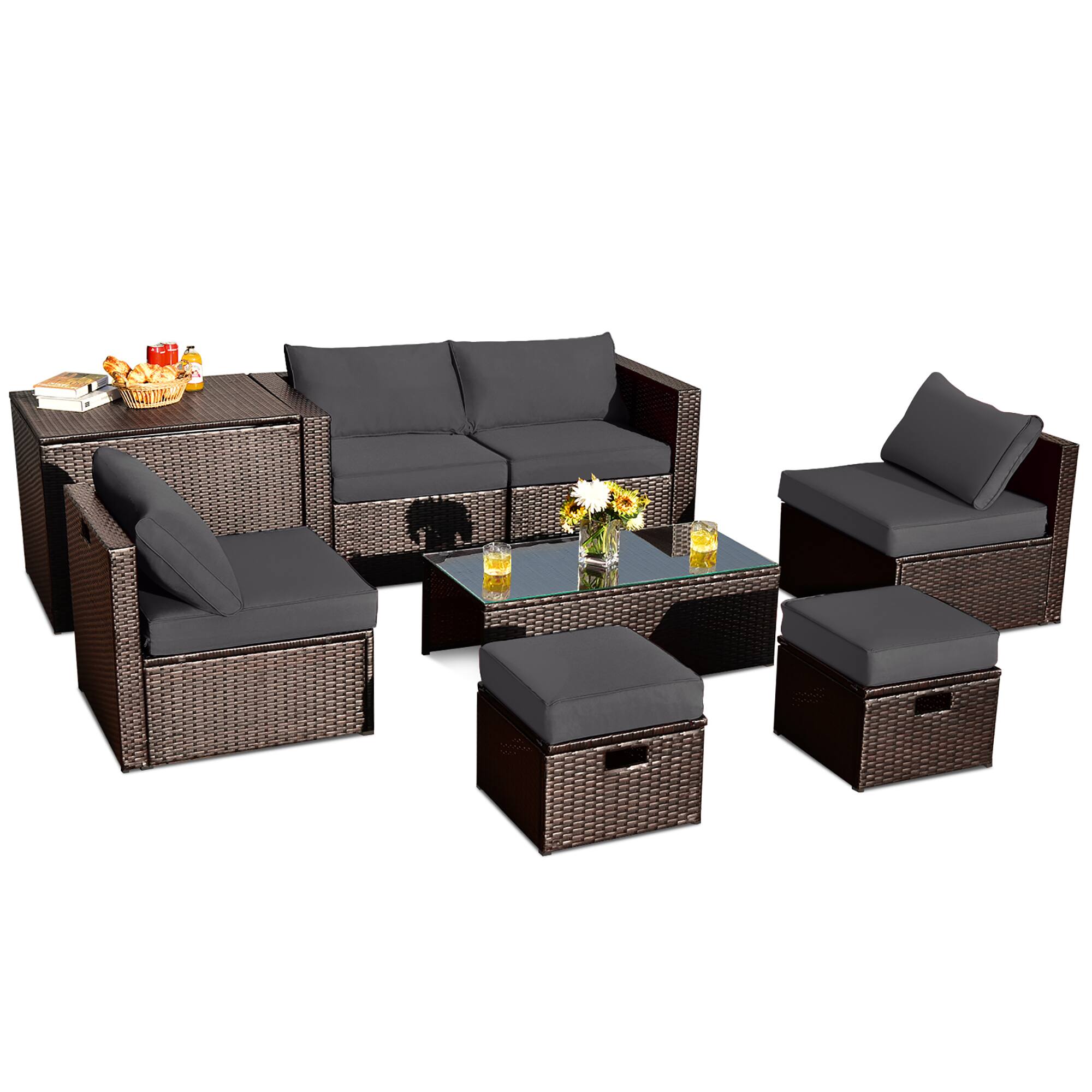 Alt View 1. Gymax - Gymax 8PCS Patio Rattan PE Wicker Conversation Set All-Weather Furniture Set w/ Cushions Grey - Grey.