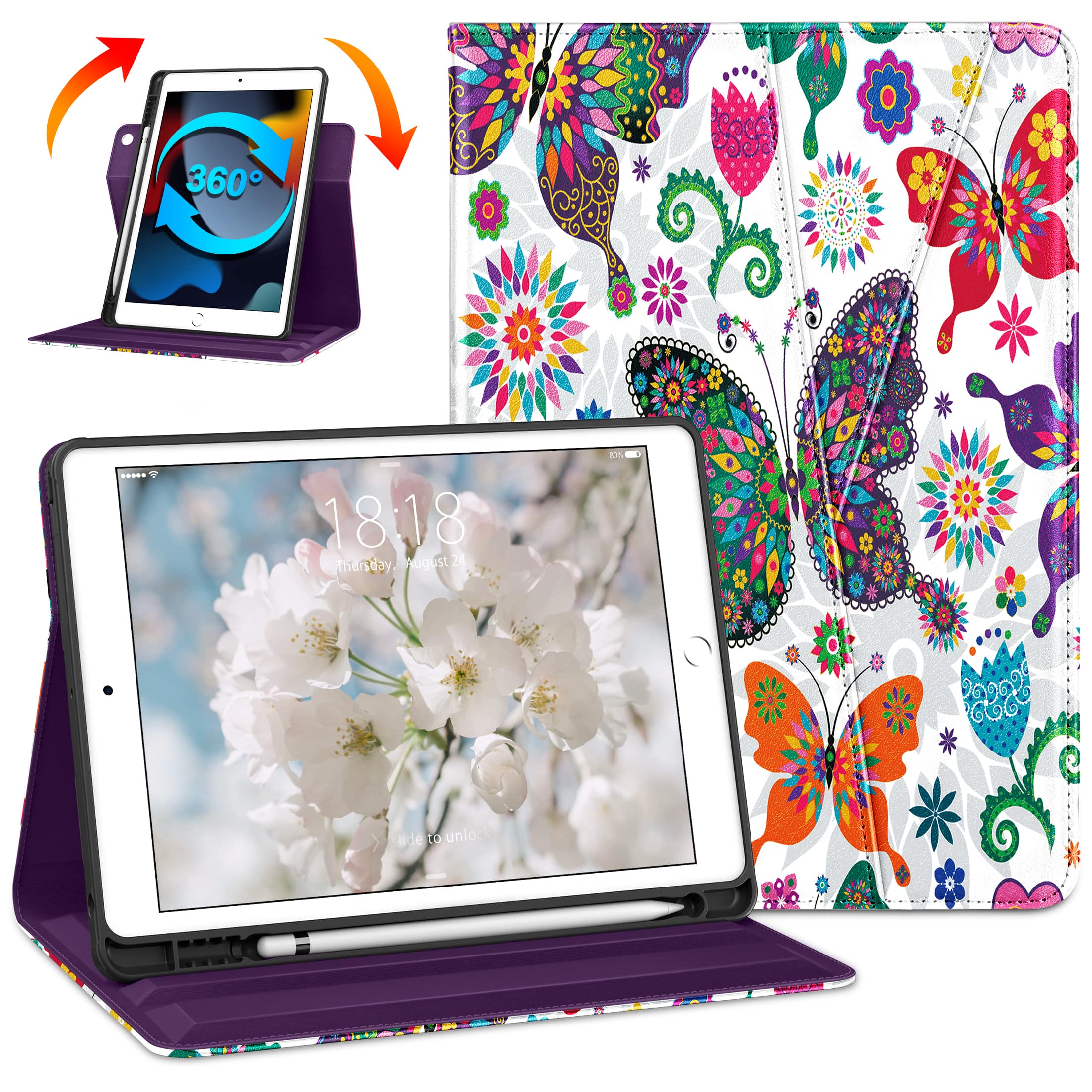 DTTO - Case for iPad 9th / 8th / 7th Generation 10.2-Inch – 360° Rotating Premium Leather Folio Stand Cover with Pencil Holder - Butterfly