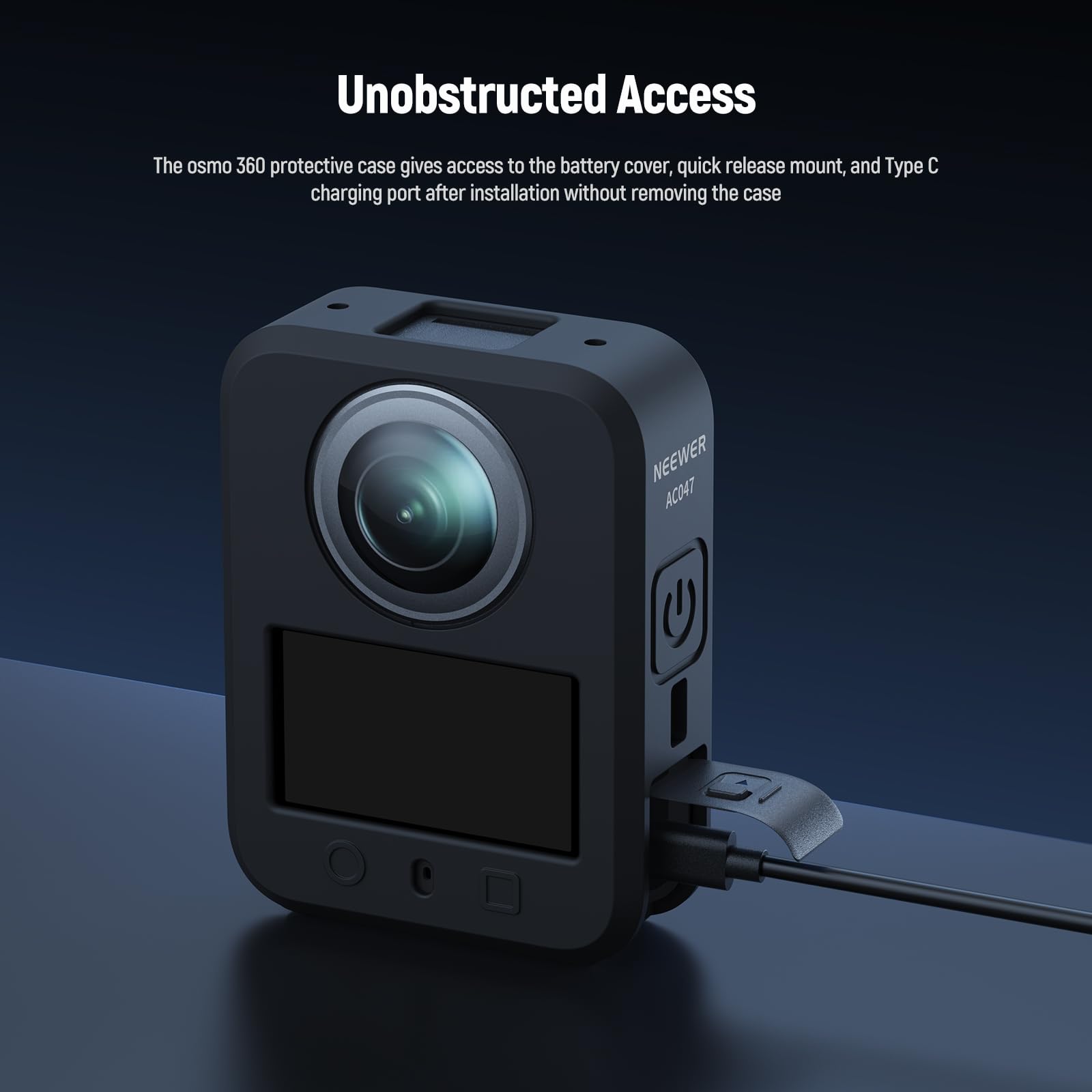 Unobstructed Access

The osmo 360 protective case gives access to the battery cover, quick release mount, and Type C charging port after installation without removing the case.