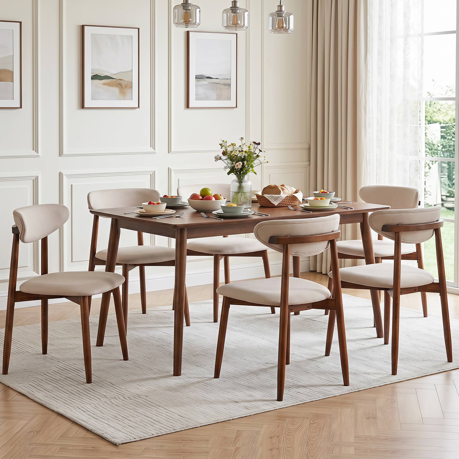 Alt View 3. Costway - Costway 4 PCS Dining Chairs Fabric Upholstered Kitchen Chairs with Curved Backs Padded Seats - Beige + Walnut.
