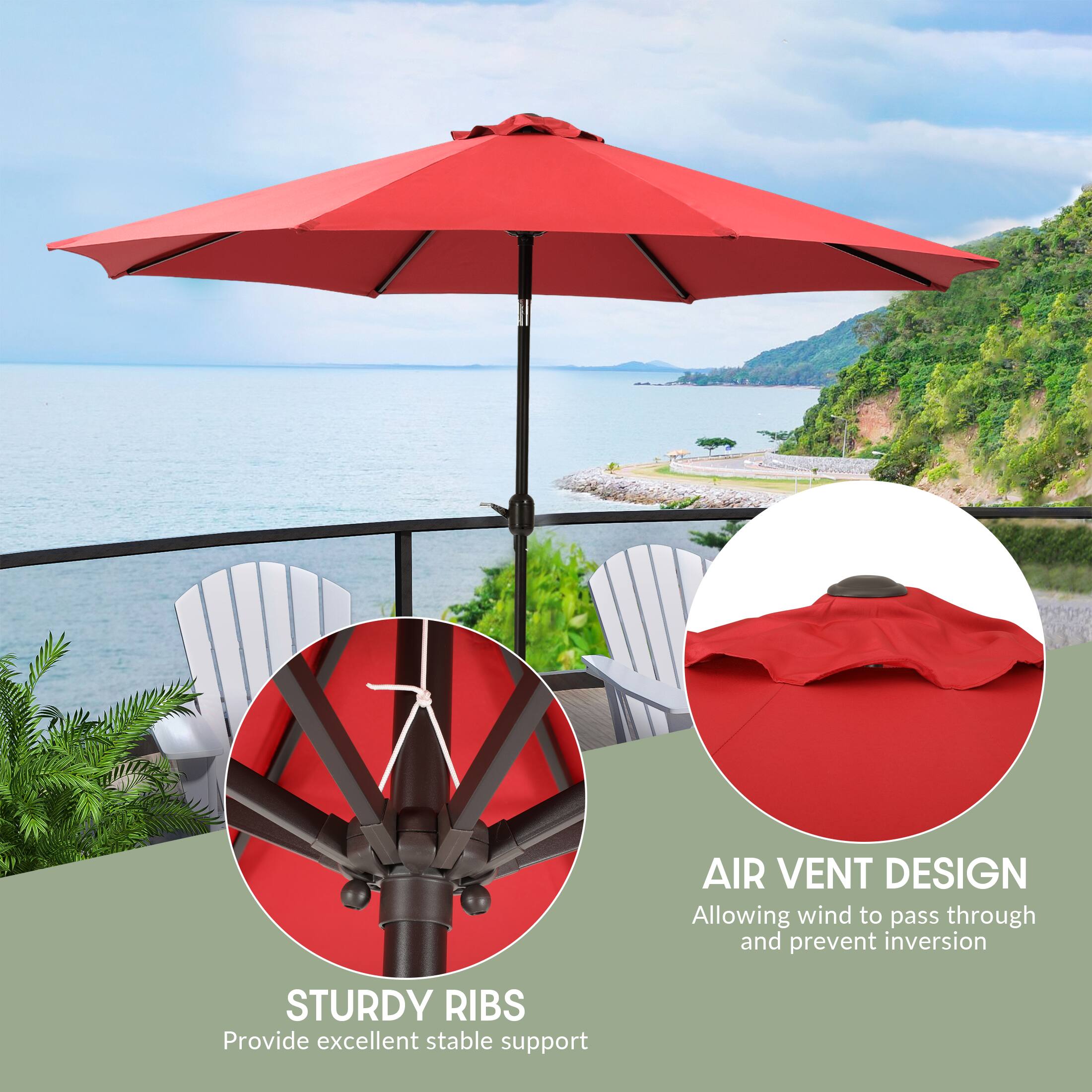 AIR VENT DESIGN  
Allowing wind to pass through and prevent inversion  

STURDY RIBS  
Provide excellent stable support