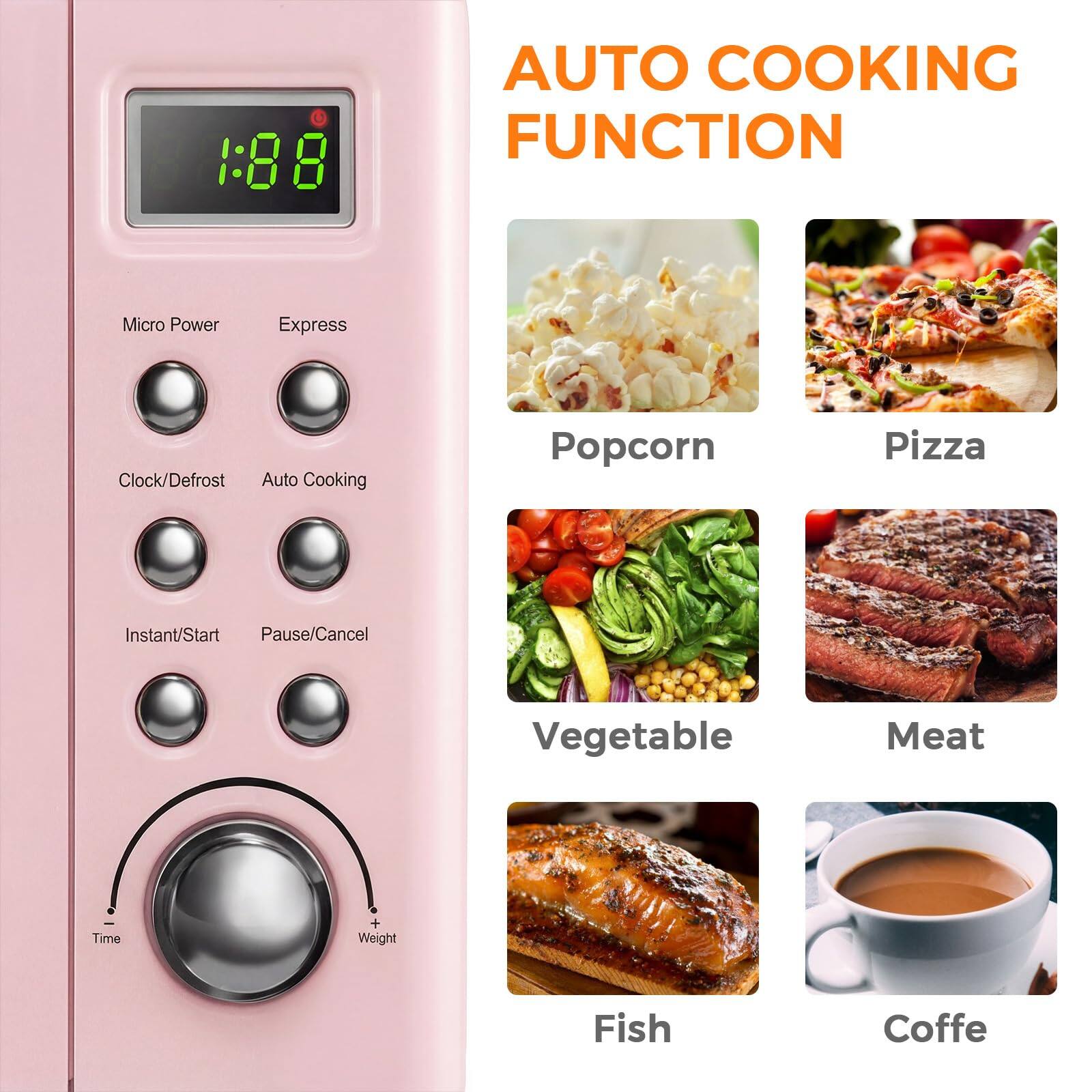 188 AUTO COOKING FUNCTION

Micro Power  
Express  
Clock/Defrost  
Auto Cooking  
Instant/Start  
Pause/Cancel  

Time  
Weight  

Popcorn  
Pizza  
Vegetable  
Meat  
Fish  
Coffee