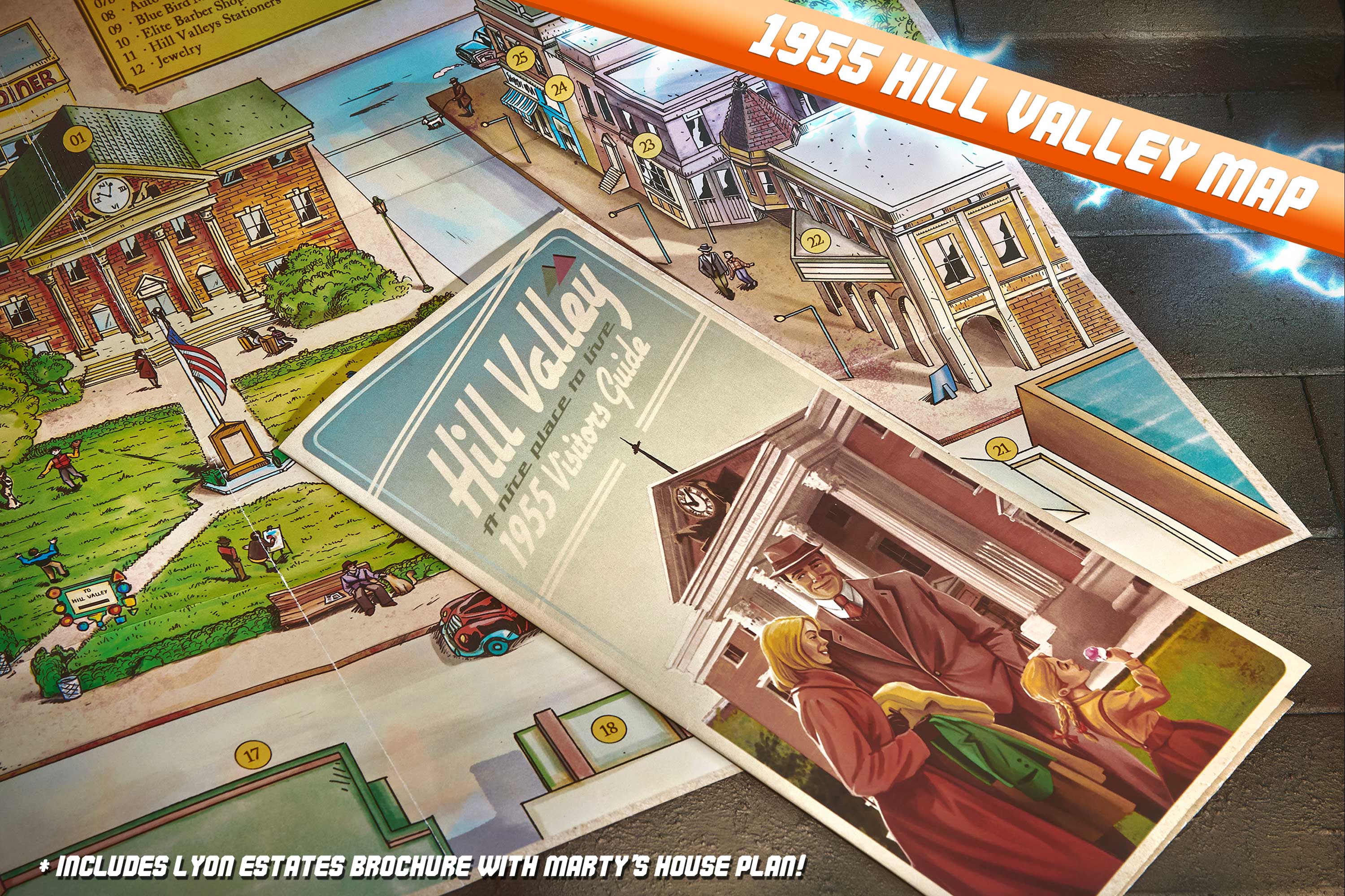 The text on the image reads: "1955 Hill Valley Map. Includes Lynd Estates Brochure with Marty's House Plan!"